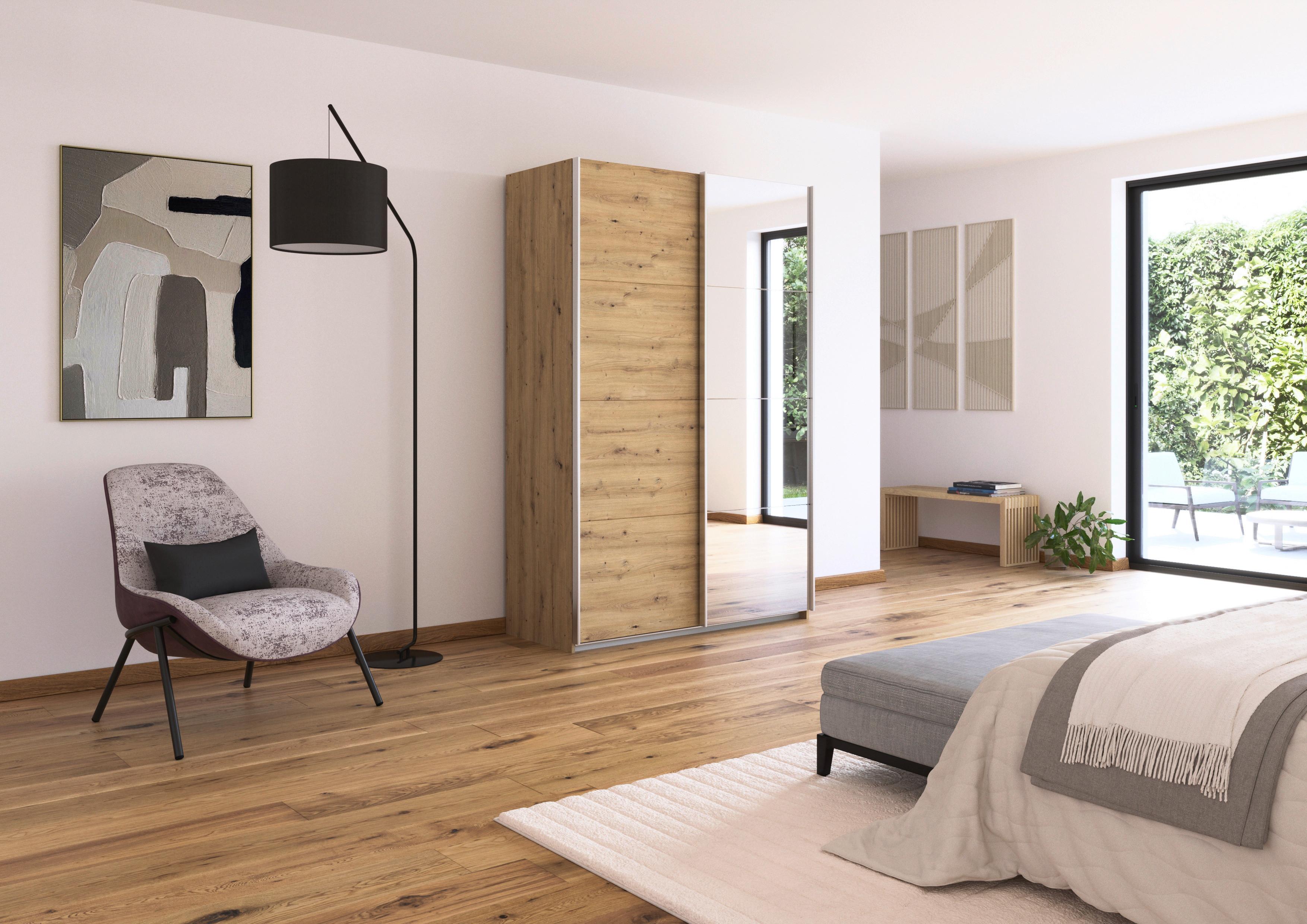 Schwebetürenschrank + Spiegel B: 136cm Feldkirch Eiche Dekor - Silberfarben/Eiche Artisan, MODERN, Holzwerkstoff (136/210/62cm)
