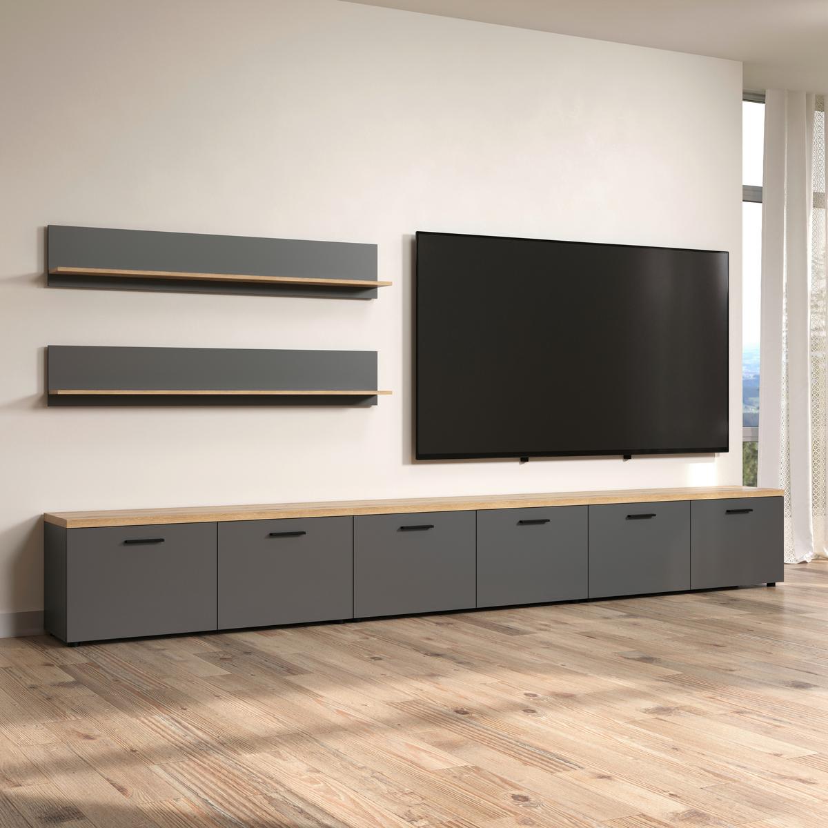 Wohnwand Baggio Anthrazit/Eichefarben B: 360cm - Eichefarben/Anthrazit, Design, Holzwerkstoff (360/180/40cm) - MID.YOU