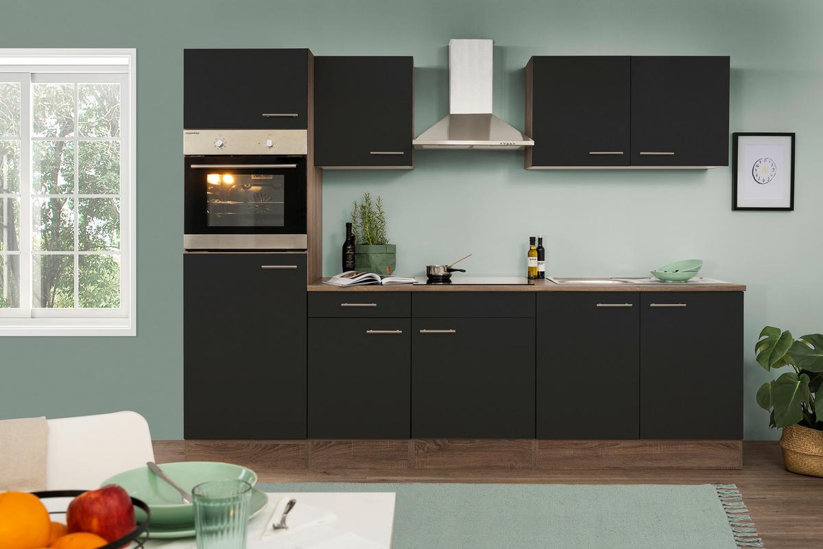 Küchenzeile mit Geräten B: 270 cm Schwarz/Eiche Dekor - Eichefarben/Schwarz, Design, Holzwerkstoff (270cm) - Respekta