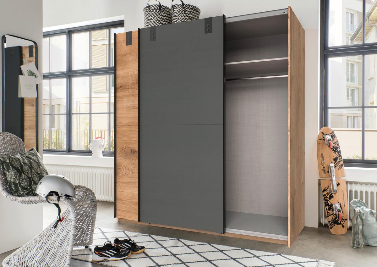 Schwebetürenschrank B: 180 Cm Cardiff, Eiche Dekor/graphit - Eichefarben/Graphitfarben, Basics, Holzwerkstoff (180/198/64cm) - MID.YOU