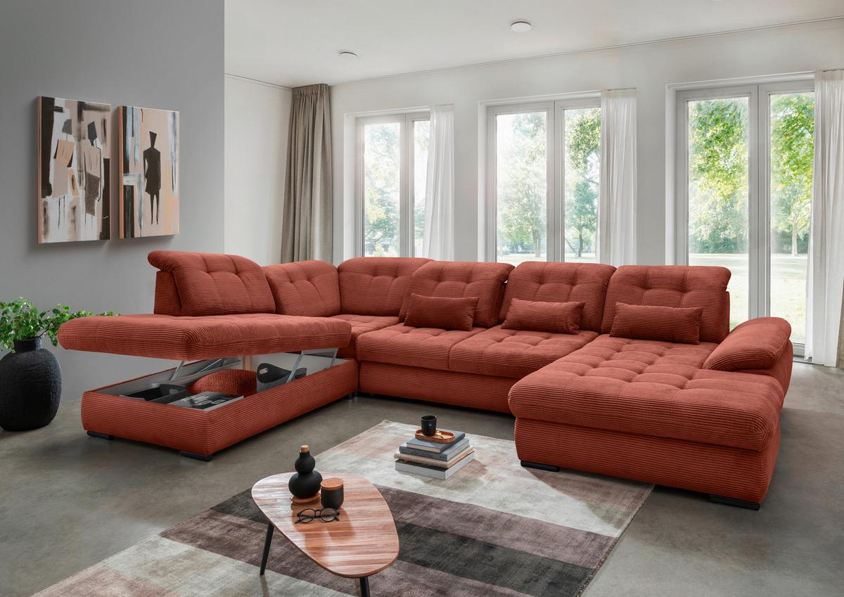 Wohnlandschaft Mit Bettkasten Rigatti Koralle B: 387 Cm - Koralle/Schwarz, MODERN, Textil (252/387/184cm) - Livetastic