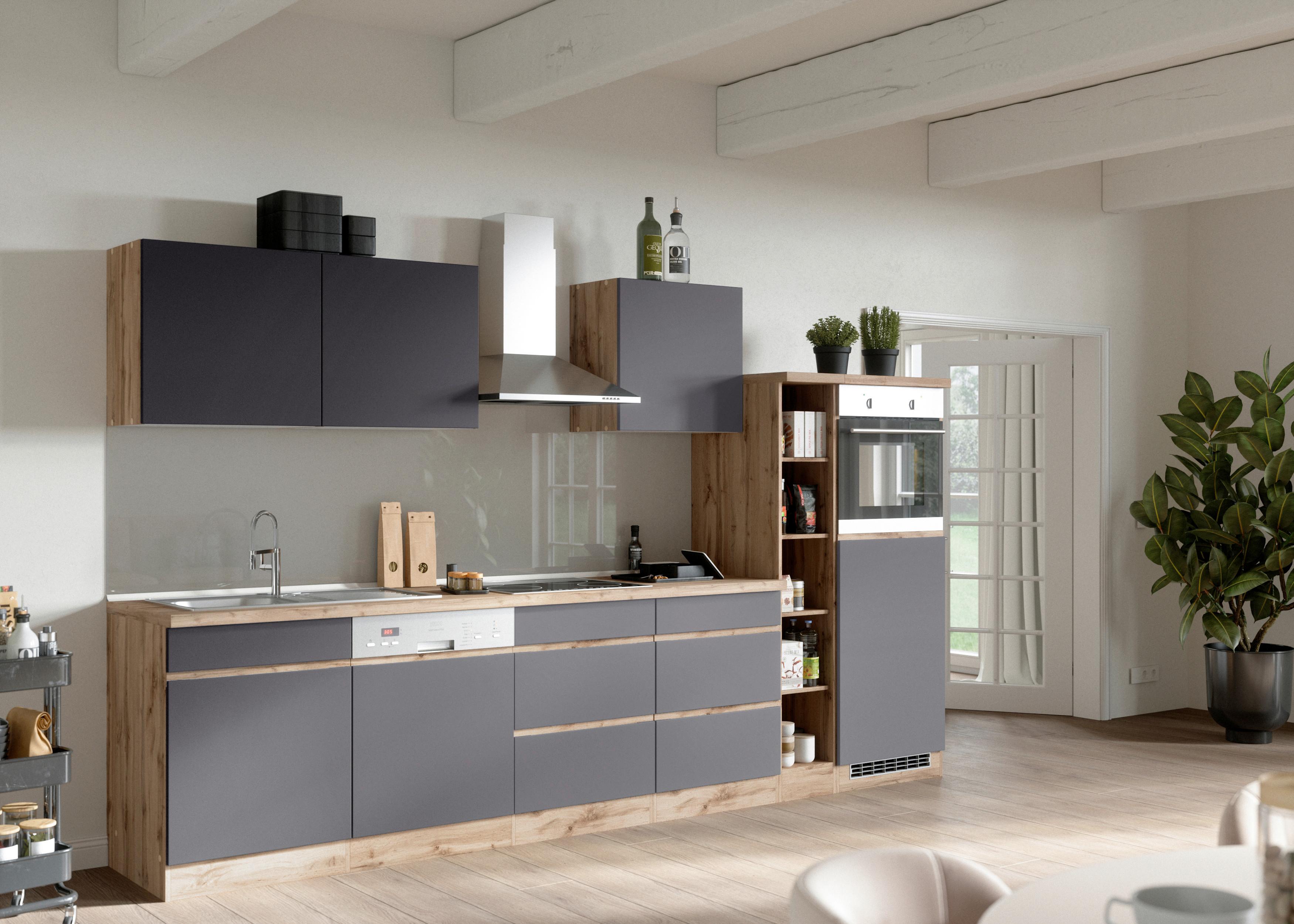 Küchenzeile Turin mit Geräten B: 330cm Grau/Wotaneiche Dekor - Eiche Wotan/Grau, Design, Holzwerkstoff (330cm) - Held