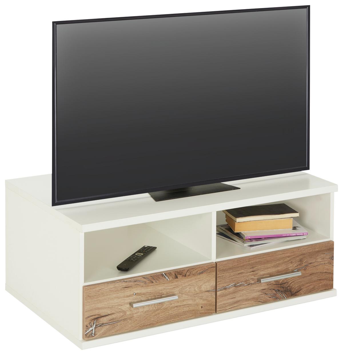 TV-díl YOUNG v dekoru bílá/dub Flagstaff - barvy dubu/barvy hliníku, Konvenční, kompozitní dřevo/plast (92/40/59cm)