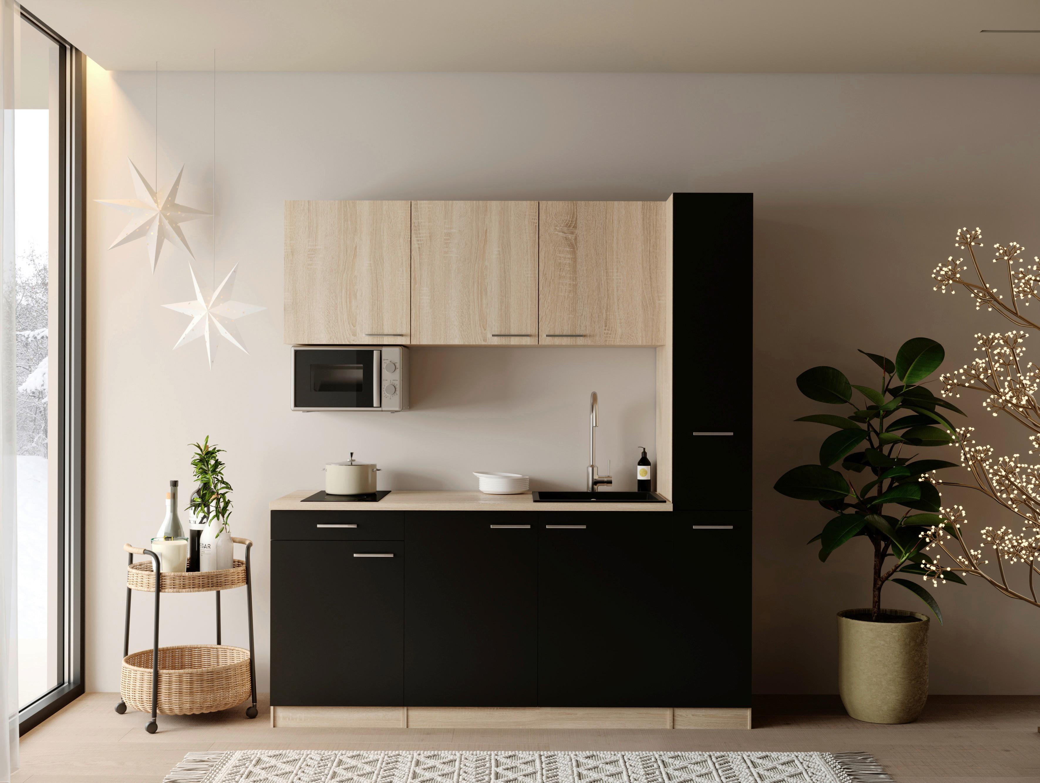 KÜCHENBLOCK Ingrid, Schwarz B: 180 cm - Eichefarben/Schwarz, Design, Holzwerkstoff (180cm) - Respekta