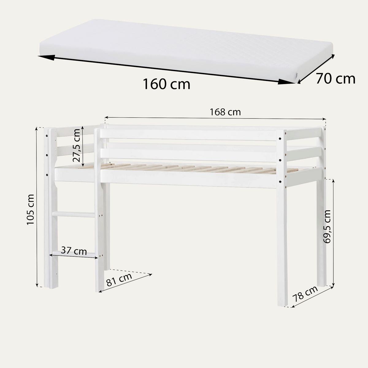 Hochbett Eco Dream Weiß, Lf: 70x160 Cm - Weiß/Naturfarben, MODERN, Holz (70/160cm) - MID.YOU