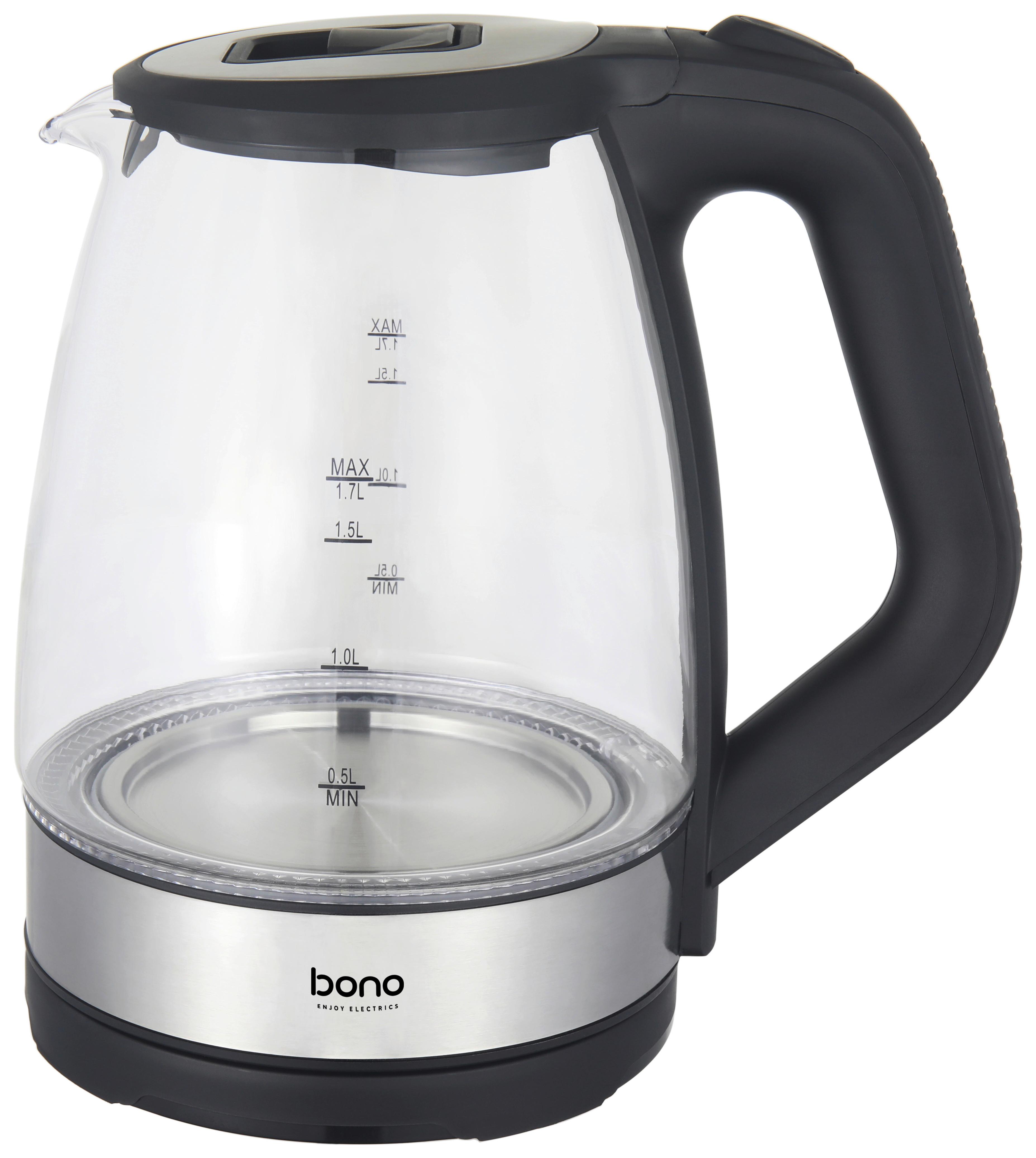 Wasserkocher Kate Klar/Schwarz Glas 1,7 Liter 2.200W - Klar/Edelstahlfarben, KONVENTIONELL, Glas/Kunststoff (21,2/23,4/15,7cm) - Bono