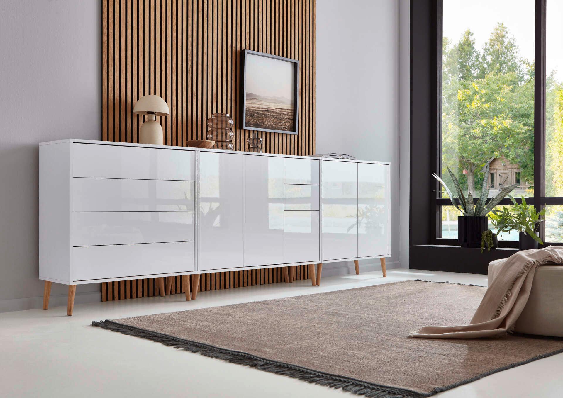 Sideboard Mailand 7 B:263,5cm Weiß/ecihe - Weiß Hochglanz/Eiche Artisan, MODERN, Holzwerkstoff (263,5/86/33cm) - MID.YOU
