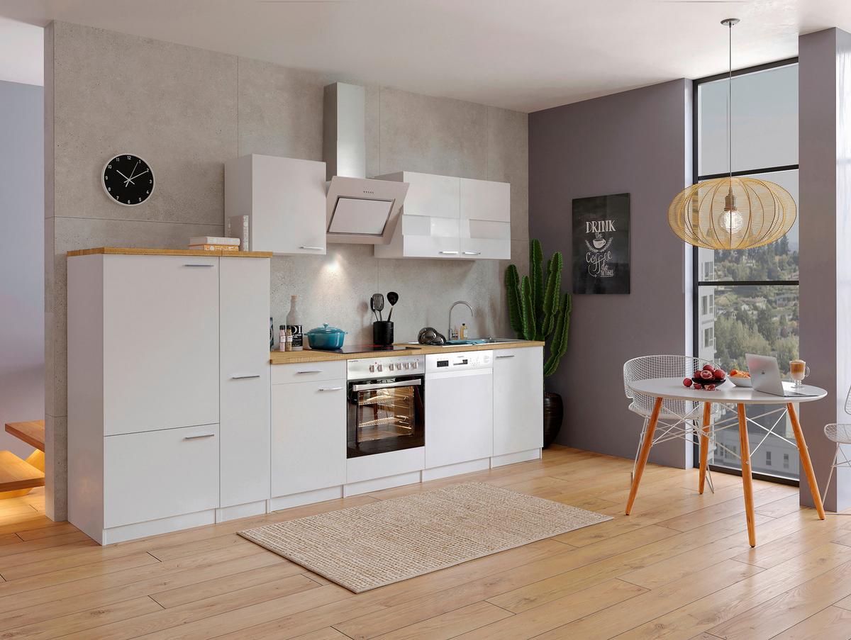 Küchenzeile Economy mit Geräten 310 cm Weiß/Nussbaum Dekor - Nussbaumfarben/Weiß, Basics, Holzwerkstoff (310cm) - Respekta