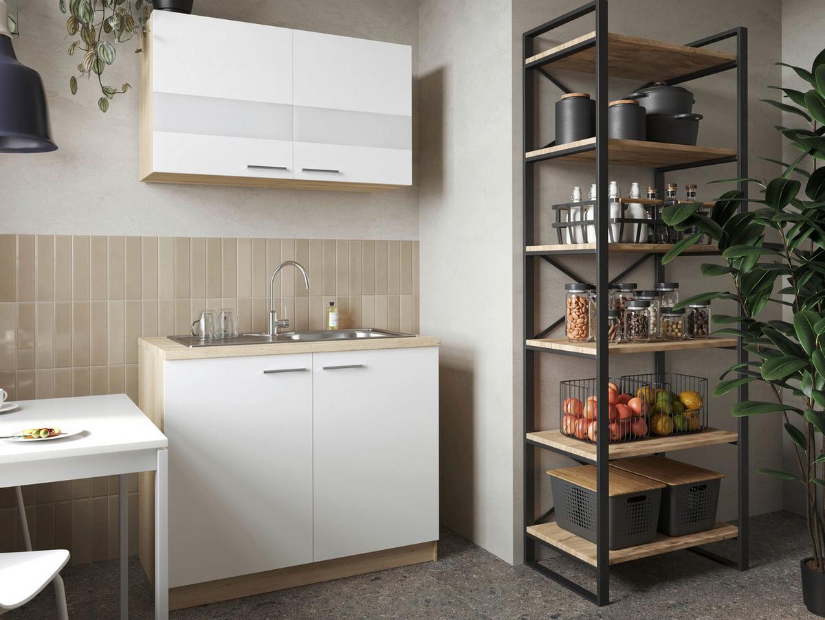 Miniküche Merle Weiß/Eiche Dekor B:100cm - Eichefarben/Weiß, Basics, Glas/Holzwerkstoff (100cm) - Respekta