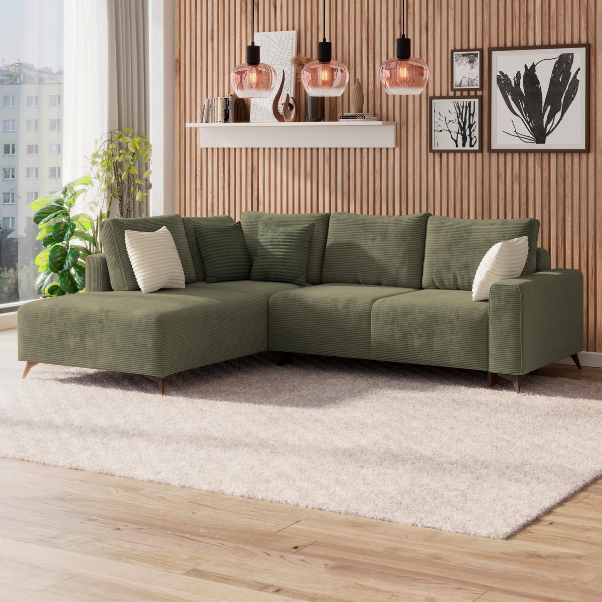 Ecksofa Mit Schlaffunktion Lincoln Grün Cord 212x270 Cm - Schwarz/Grün, MODERN, Textil (212/270cm)