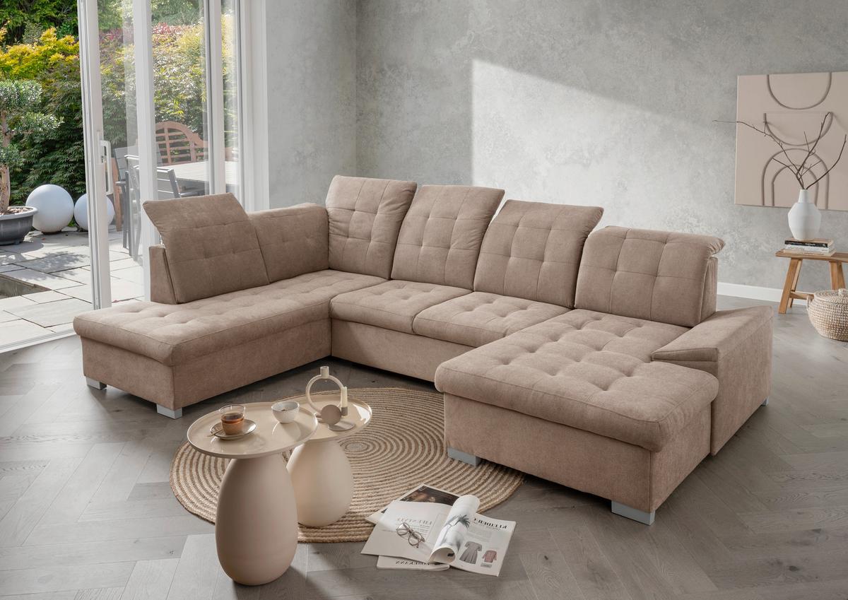 Wohnlandschaft Zira Hellbraun U: 212x330x169cm - Chromfarben/Hellbraun, MODERN, Textil (212/330/169cm) - Livetastic