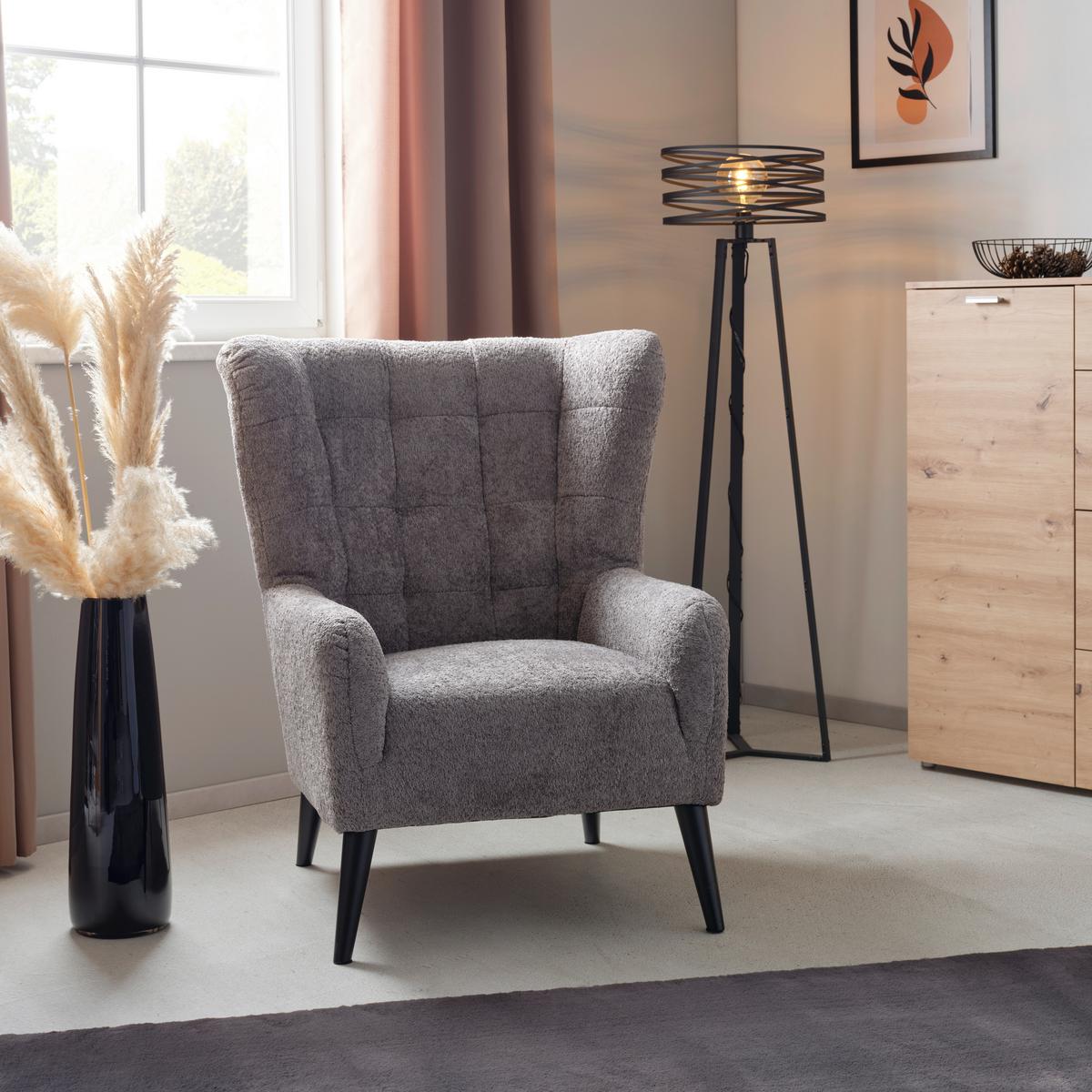 Ohrensessel Casey Bouclé Synthetikfaser Grau - Schwarz/Grau, MODERN, Textil (94/107/86cm)