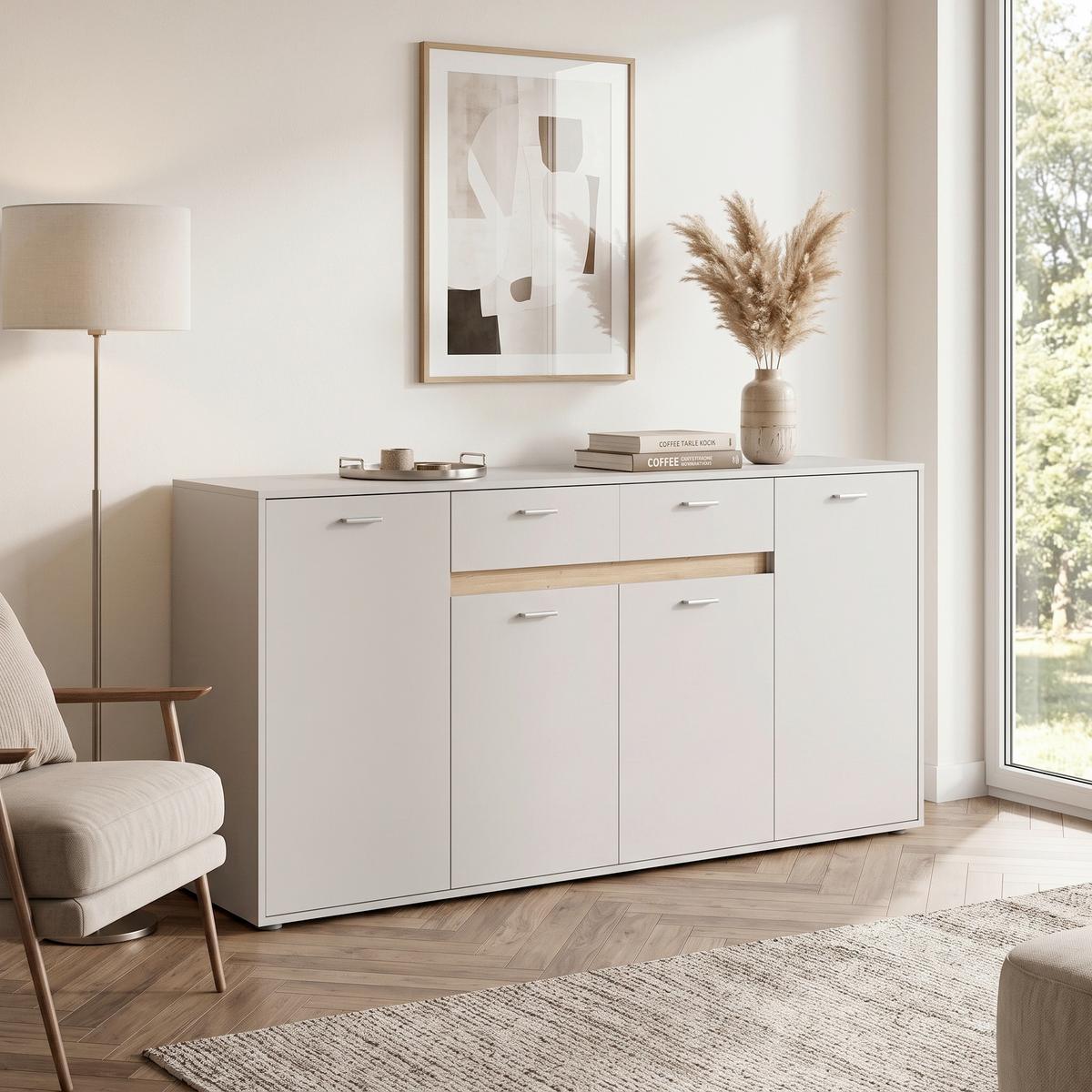 Kommode mit Bügelgriff B: 183,4 cm Slot 4T Hellgrau - Hellgrau, MODERN, Holzwerkstoff (183,4/90/40cm)
