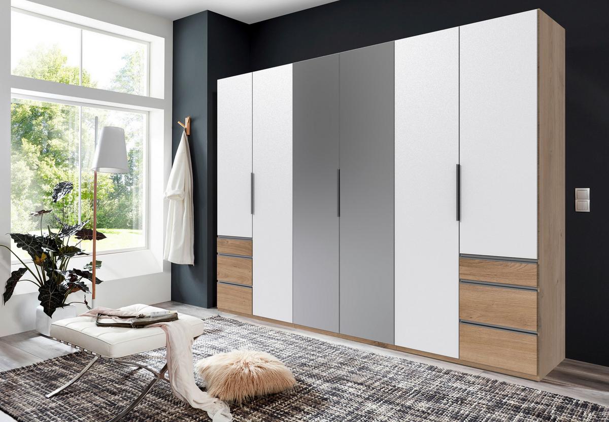 Drehtürenschrank Mit Spiegel + Laden 300cm Level 36a, Weiß - Eichefarben/Weiß, MODERN, Glas/Holzwerkstoff (300/216/58cm) - MID.YOU