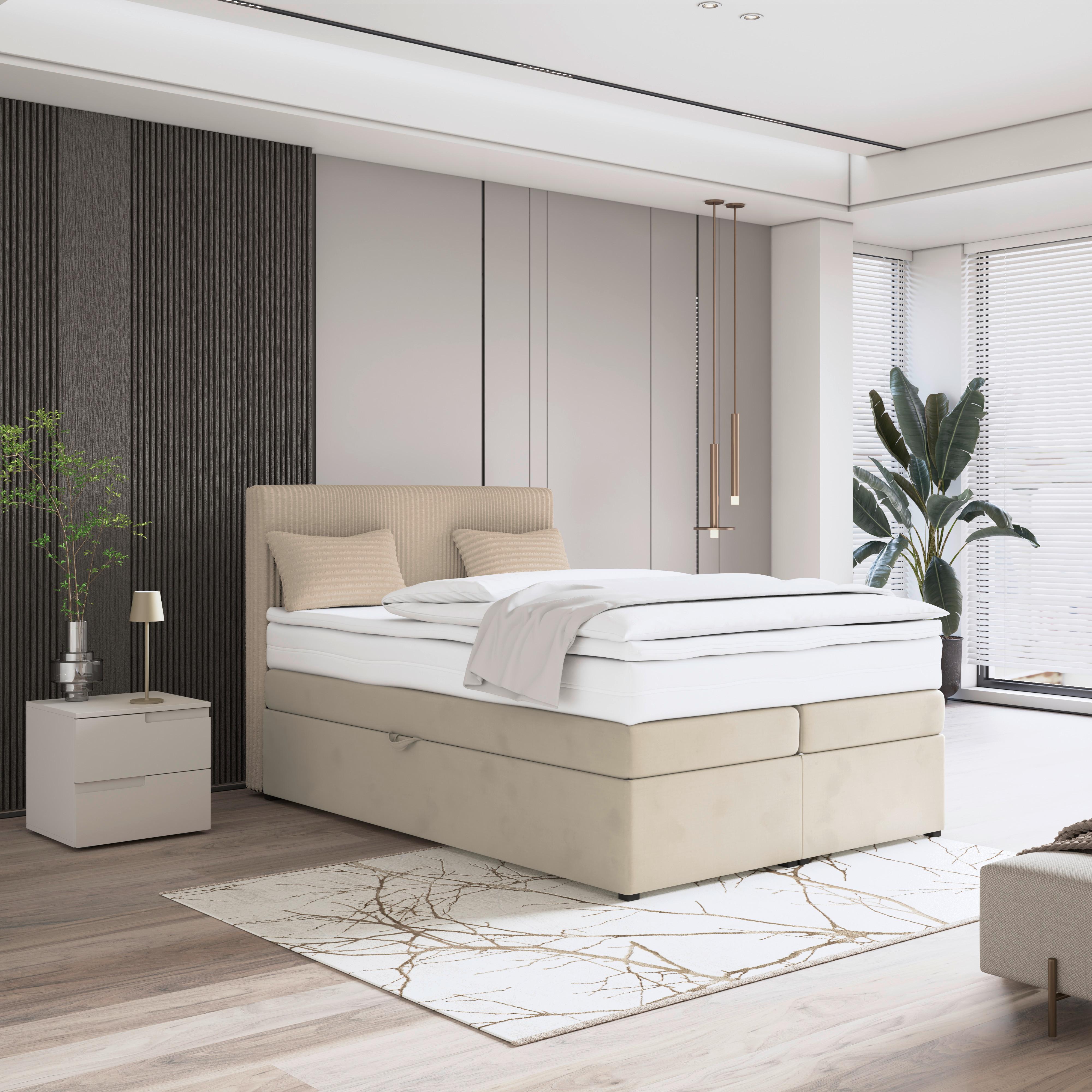 Boxspringbett mit Topper & Bettkasten 140x200 Rossa - Silberfarben/Creme, MODERN, Holzwerkstoff/Textil (140/200cm)