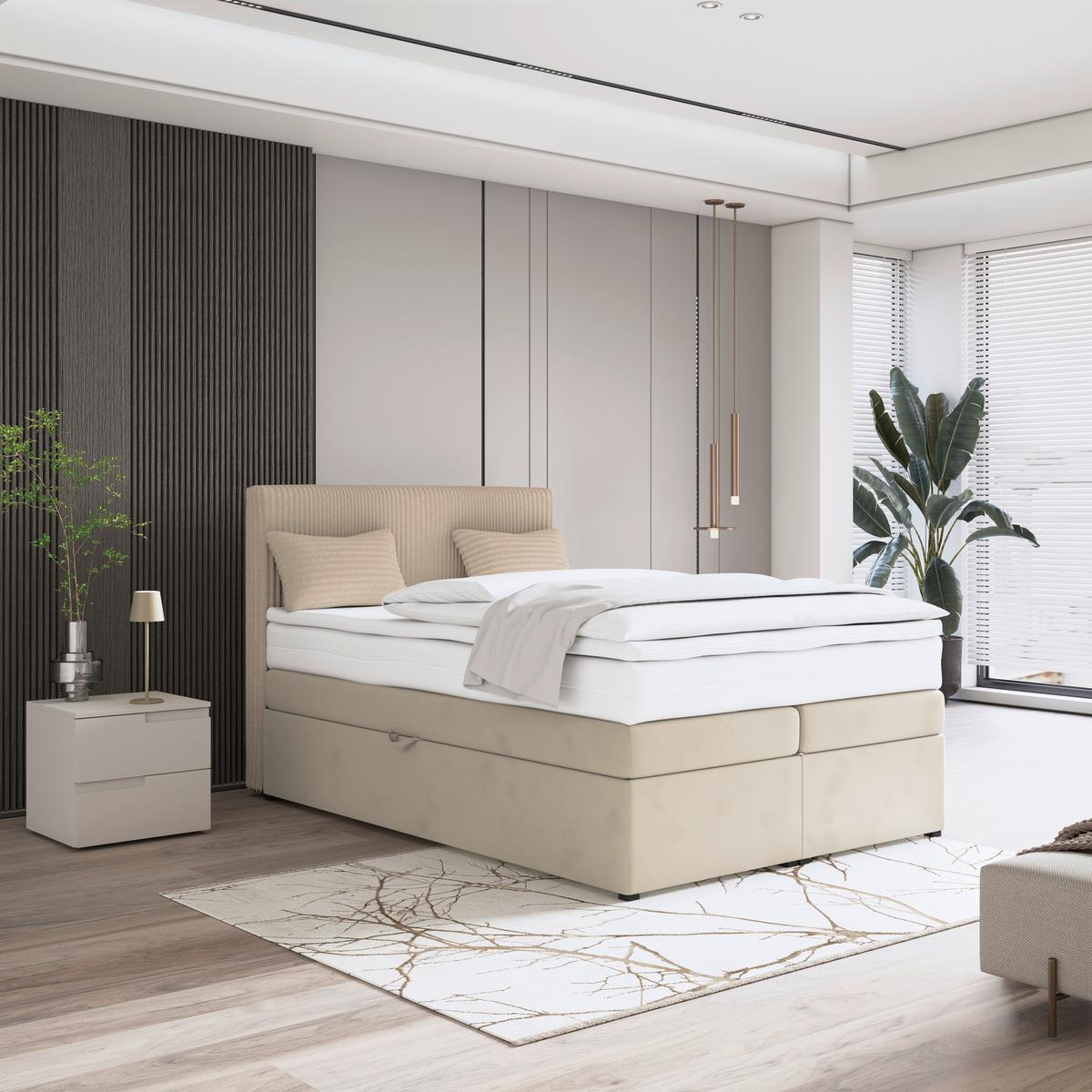 Boxspringbett mit Topper & Bettkasten 140x200 Rossa - Silberfarben/Creme, MODERN, Holzwerkstoff/Textil (140/200cm)