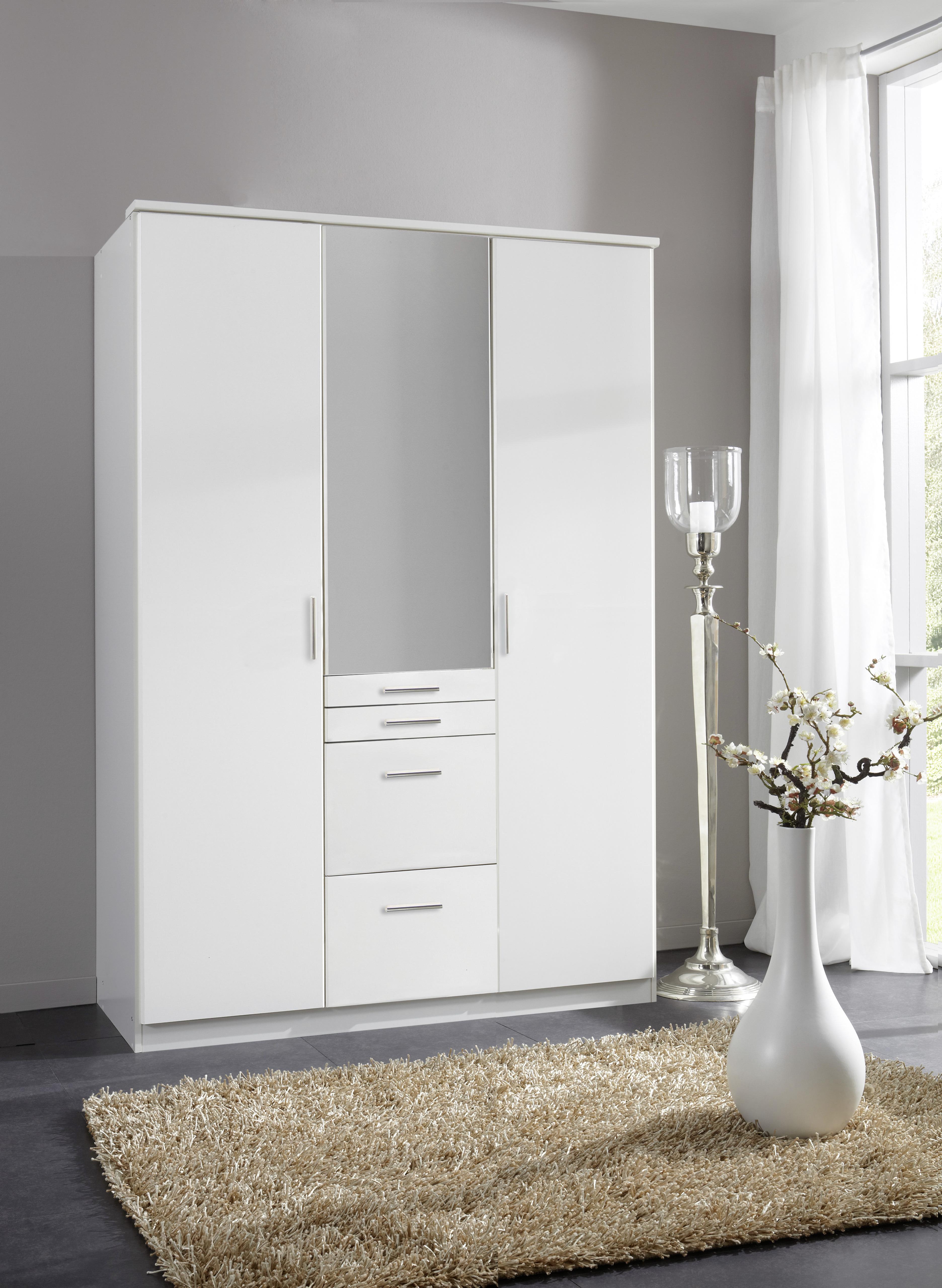 Drehtürenschrank Mit Spiegel + Laden 135cm Aachen, Weiß - Weiß, KONVENTIONELL, Holzwerkstoff (135/198/58cm)
