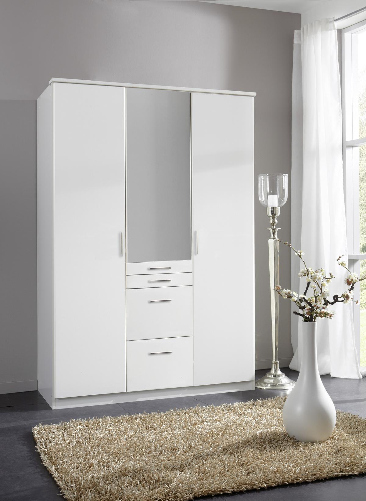 Drehtürenschrank Mit Spiegel + Laden 135cm Aachen, Weiß - Weiß, KONVENTIONELL, Holzwerkstoff (135/198/58cm)