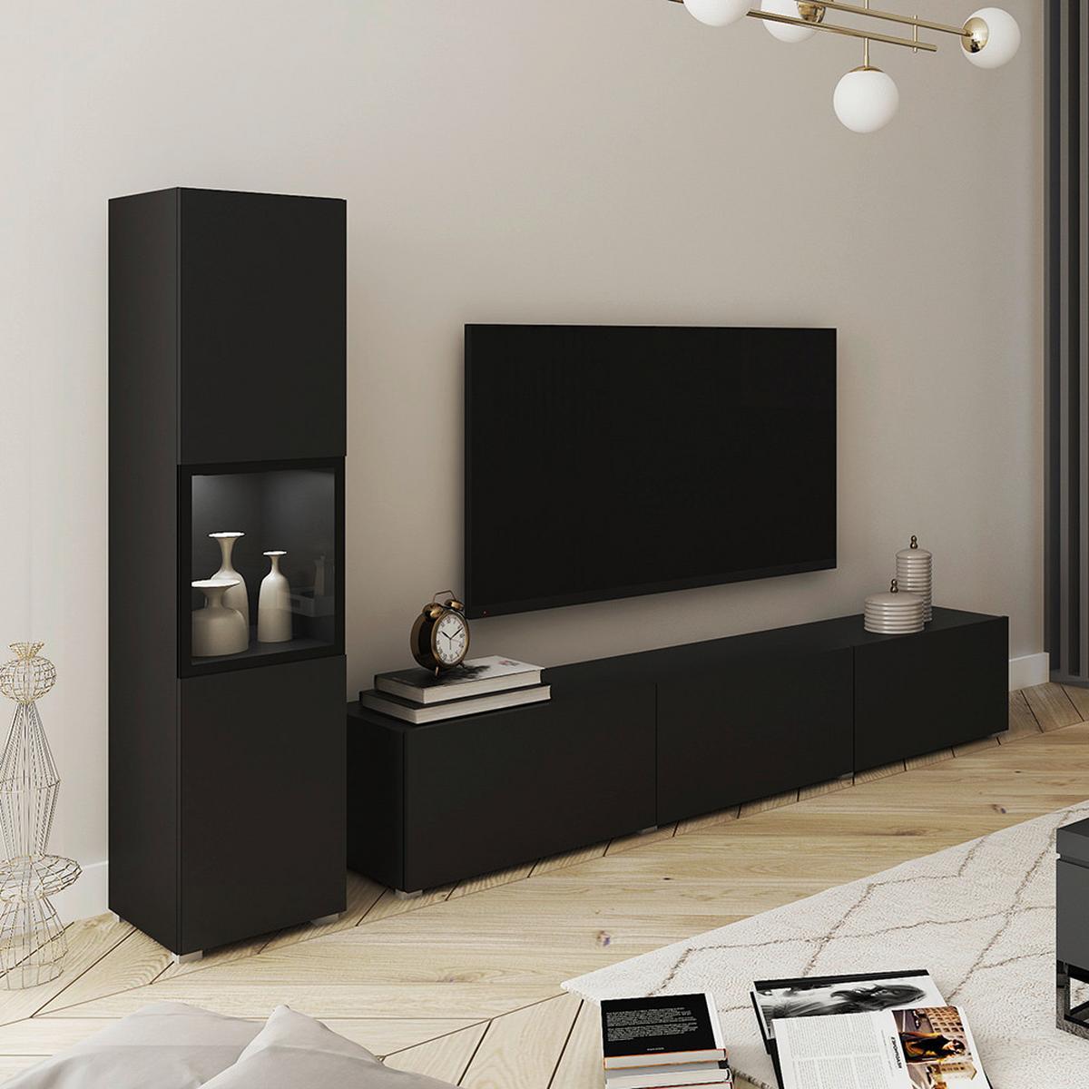 Wohnwand Berlin I Schwarz B: 210 Cm - Schwarz/Grau, Design, Glas/Holzwerkstoff (210/130/32,5cm) - P & B