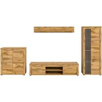 Wohnwand Jam Eiche Dekor 4-teilig B: ca. 330 cm - Eiche Wotan/Schwarz, Design, Glas/Holzwerkstoff (330/159/35cm) - MID.YOU