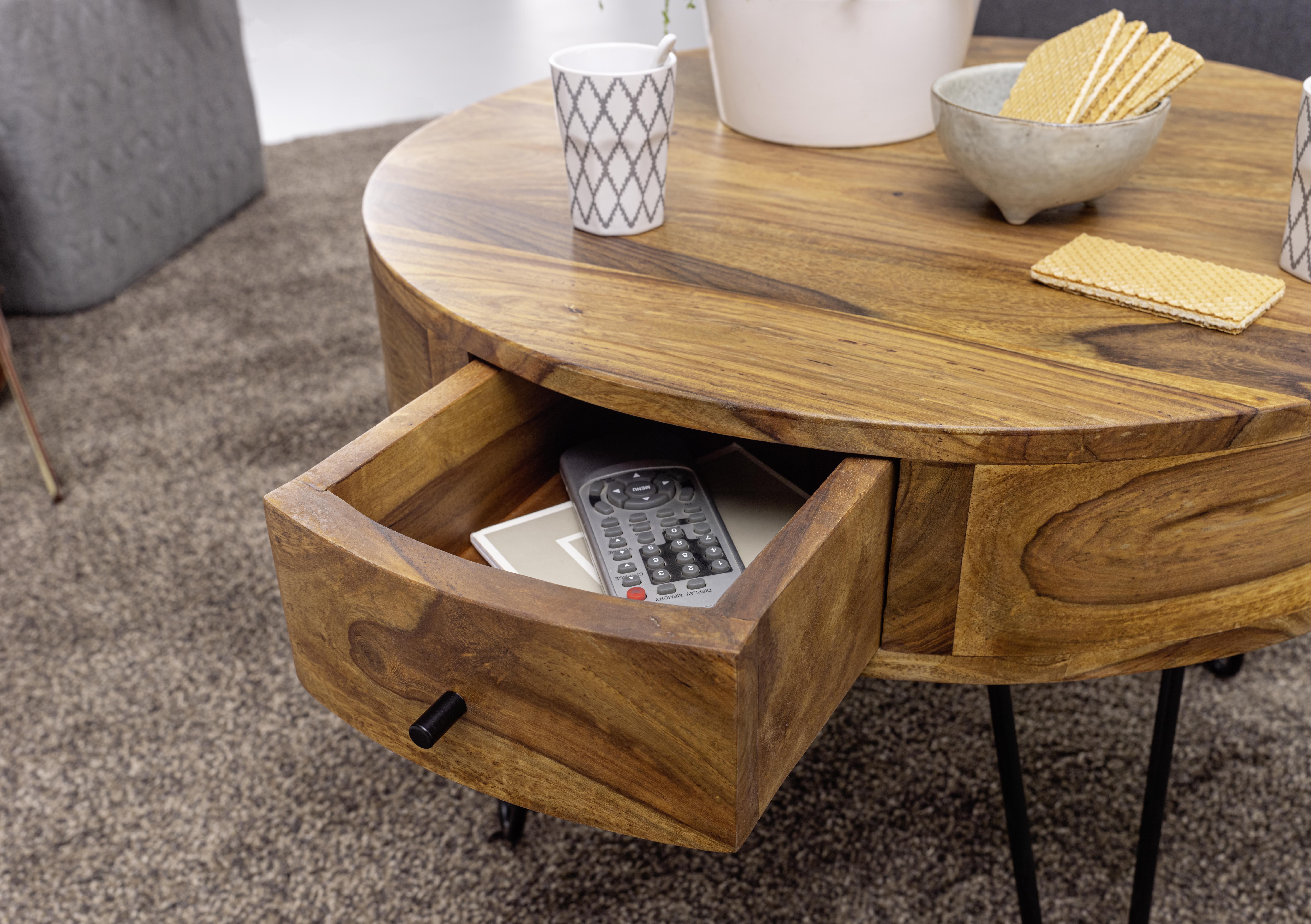 MID.YOU Couchtisch Holz mit Laden Sheesham Massiv