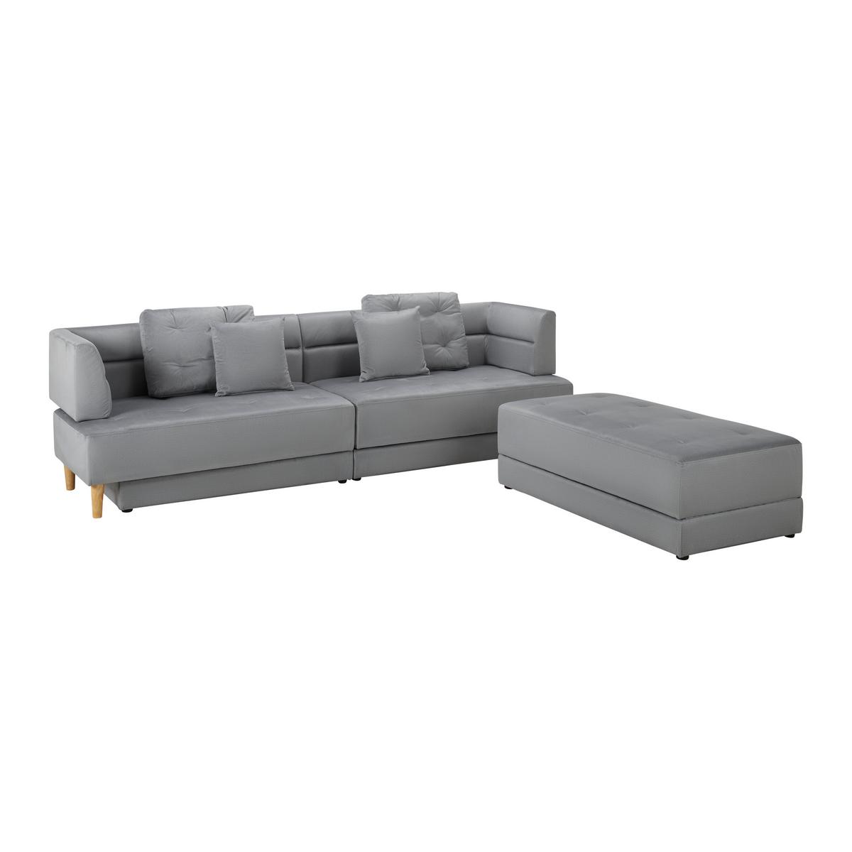 Pohovka s taburetkou ELIZA svetlá sivá - čierna/prírodná farba, Modern, drevo/textil (260/75/210cm) - Bessagi Home