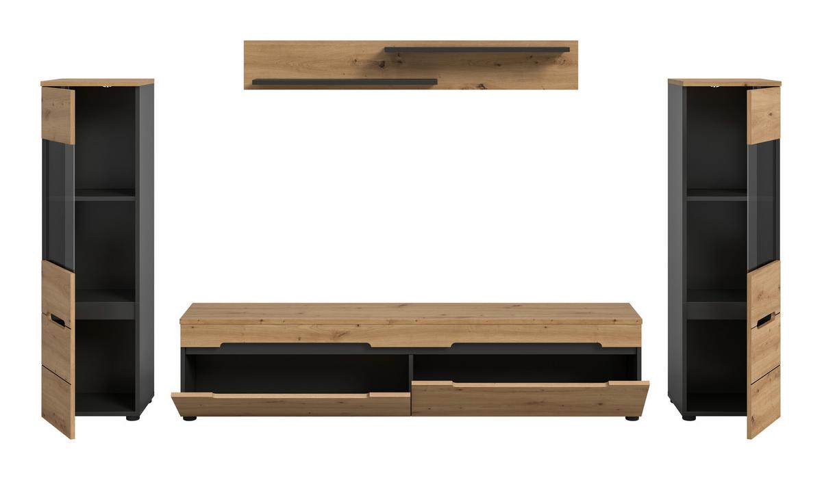 Wohnwand Canu Eiche Artisan Dekor B: 272cm - Schwarz/Eiche Artisan, Design, Holzwerkstoff (272/141/33cm) - Livetastic