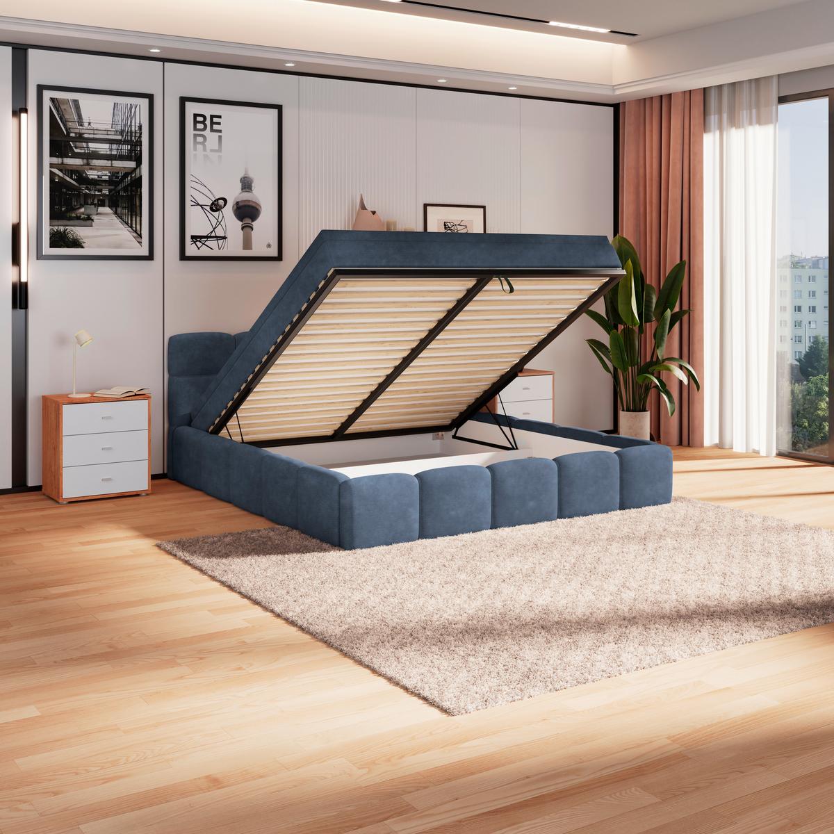 Polsterbett Noe Blau 180x200 cm - Blau/Schwarz, Trend, Textil/Metall (180/200cm)