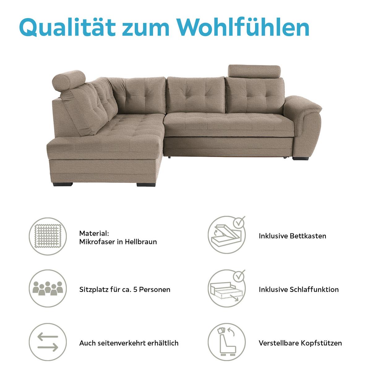 Ecksofa mit Schlaffunktion + Bettkasten Falco, Mikrofaser - Hellbraun/Dunkelbraun, KONVENTIONELL, Textil (183/251cm) - Ondega