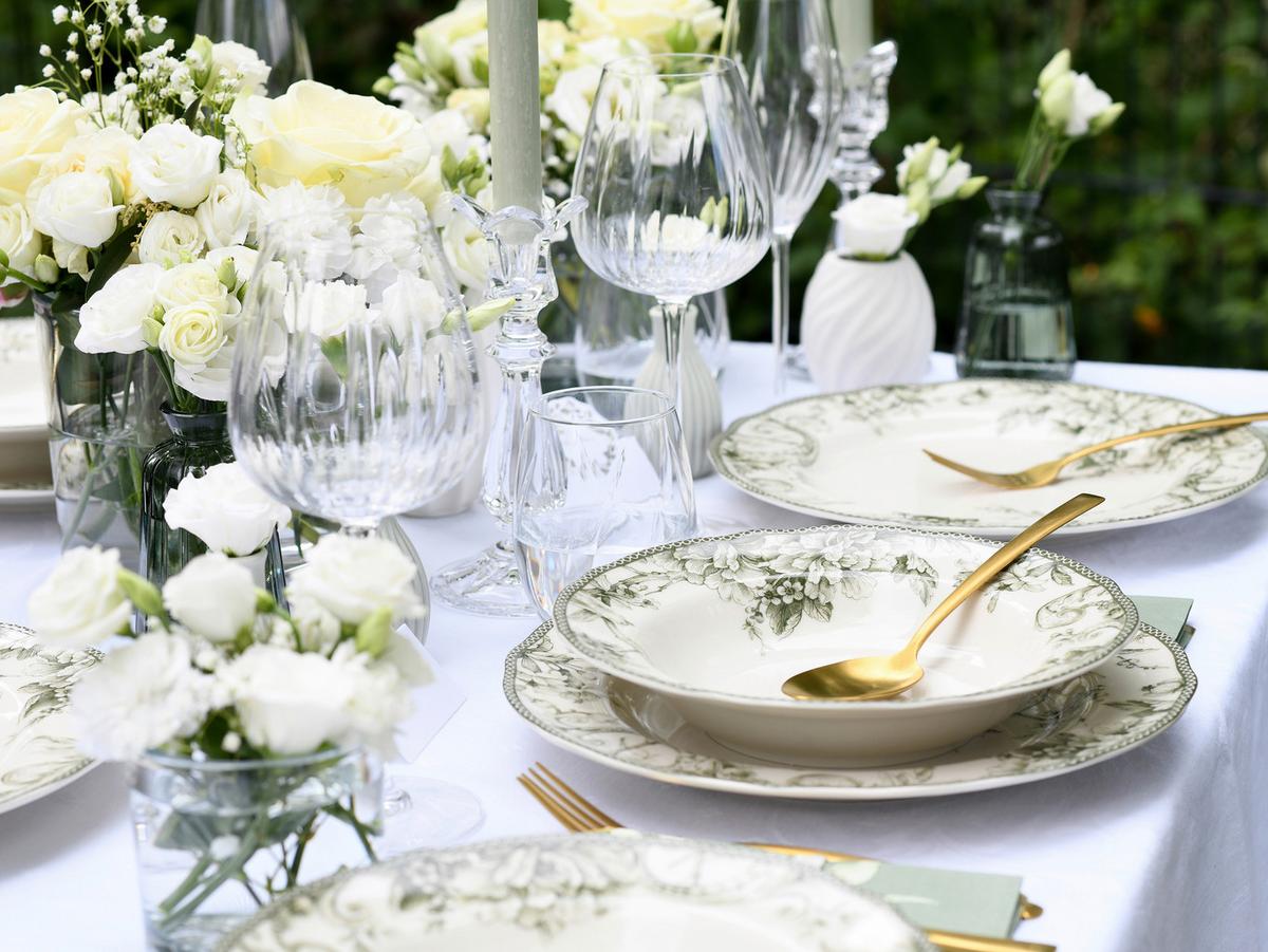 Tafelservice, 8-Teilig für 4 Personen, Porzellan - Weiß/Grün, Basics, Keramik - Creatable