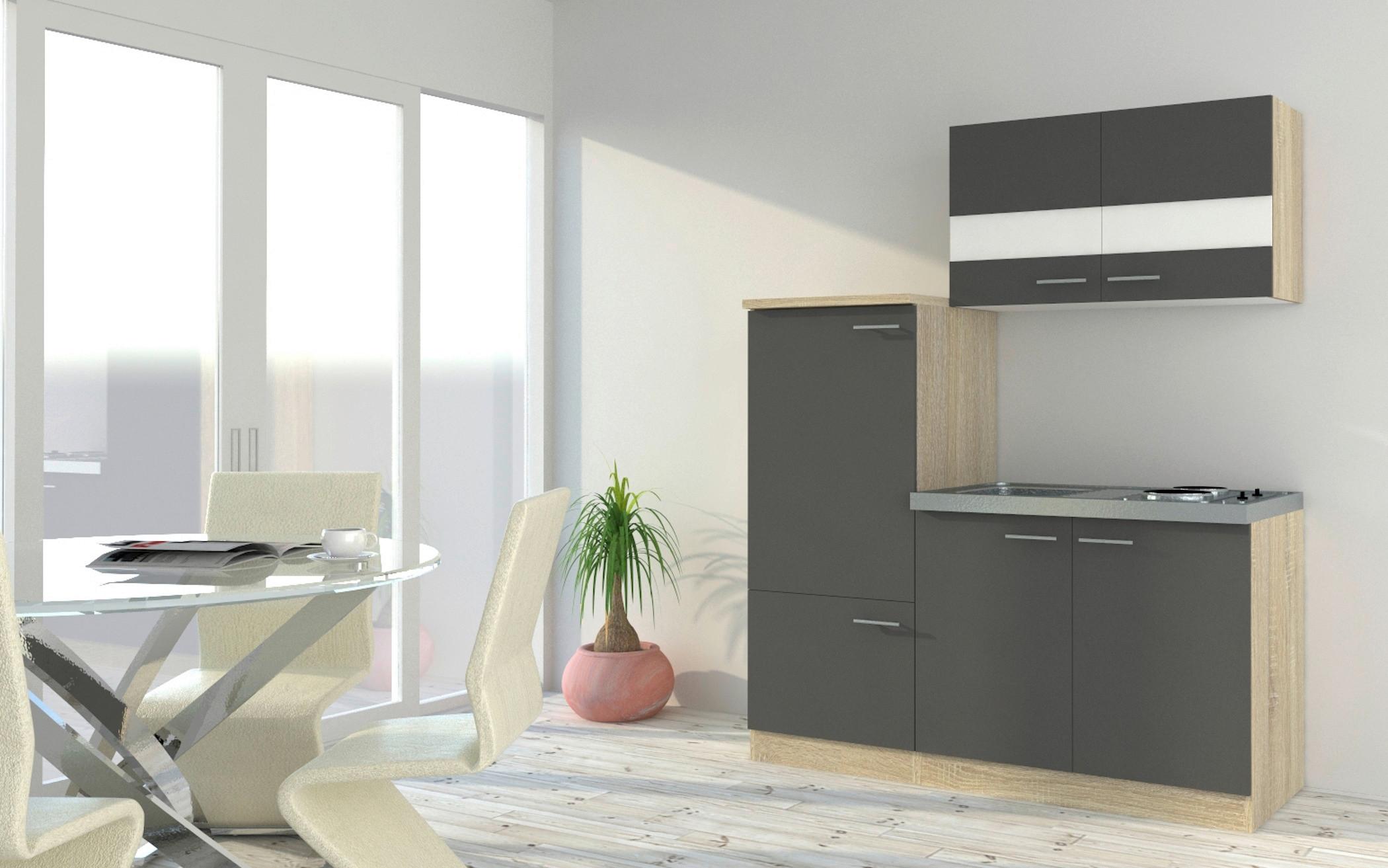 Miniküche m. Kühlschrank + Kochfeld 160 cm Grau/Eiche - Edelstahlfarben/Eichefarben, Basics, Holzwerkstoff/Metall (160cm) - Respekta