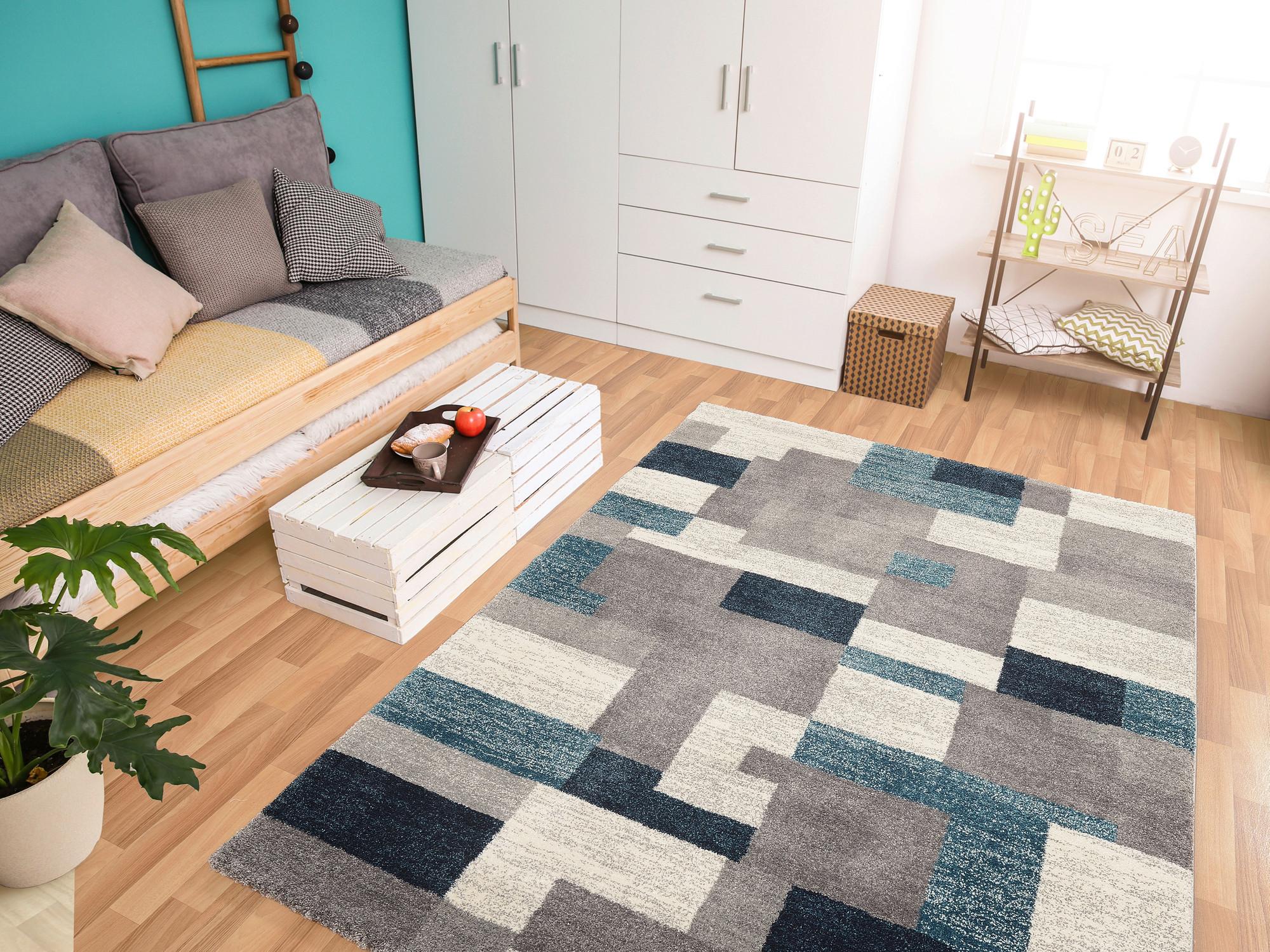 Webteppich Grau/Petrol Astor Grid B/L: 200/290 cm - Petrol/Grau, KONVENTIONELL, Textil (200/290cm) - Novel