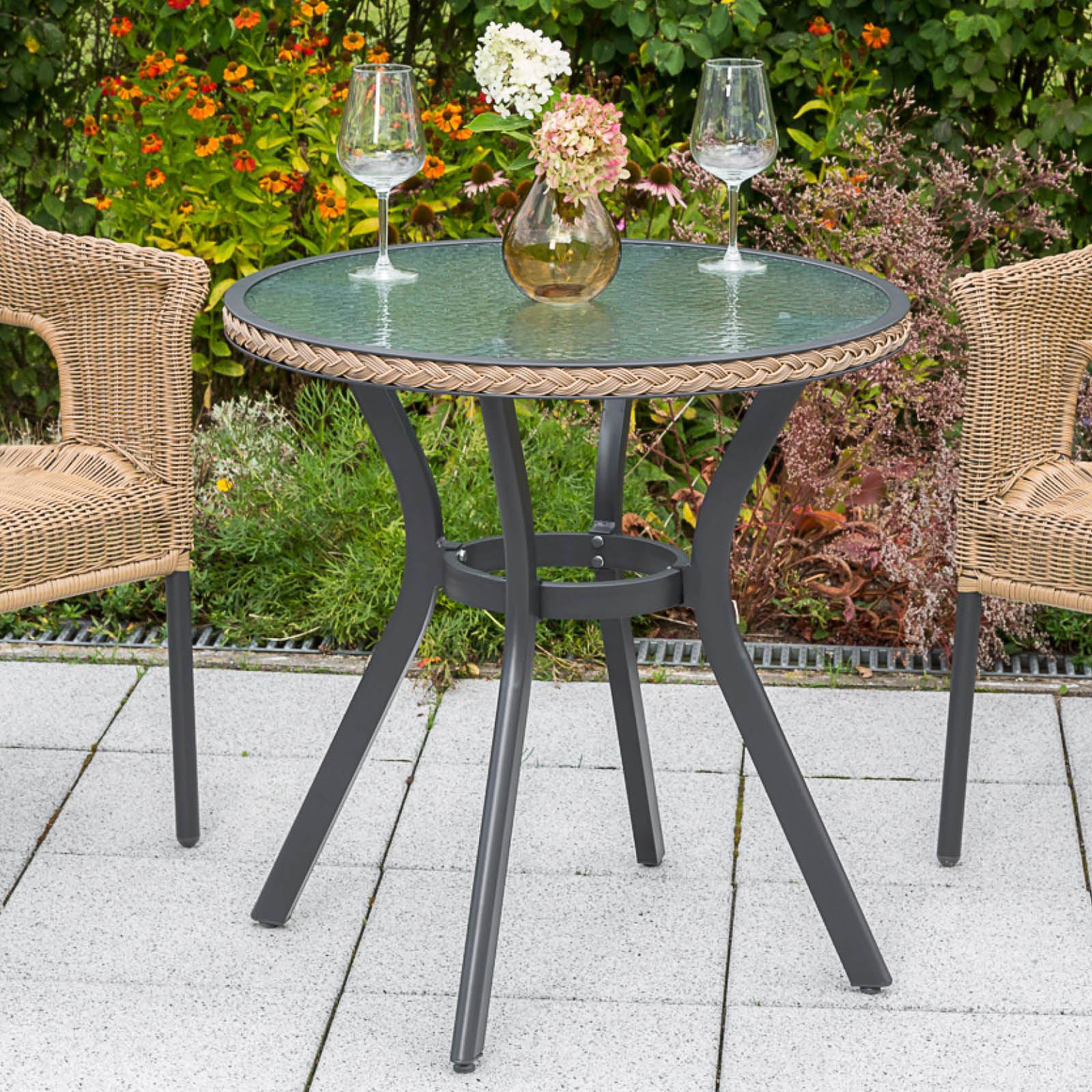Gartentisch Rund Ravenna Glas/Metall ⌀ 70 cm - Graphitfarben/Naturfarben, ROMANTIK / LANDHAUS, Glas/Metall (70cm) - Gardenson
