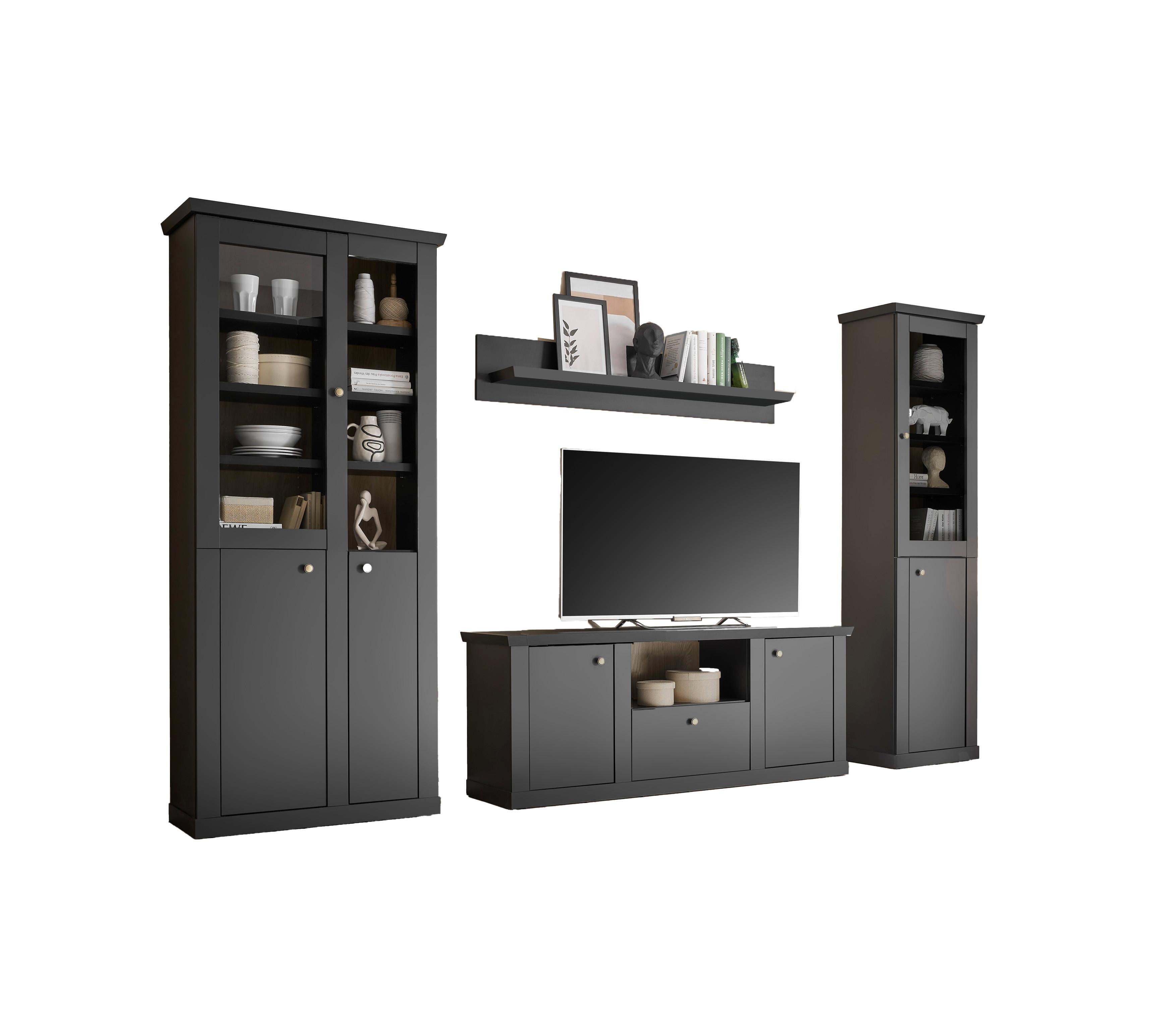 Wohnwand Lincoln Schwarz/Eichefarben B: 319cm - Eichefarben/Schwarz, Design, Holzwerkstoff (319/200/42cm) - MID.YOU