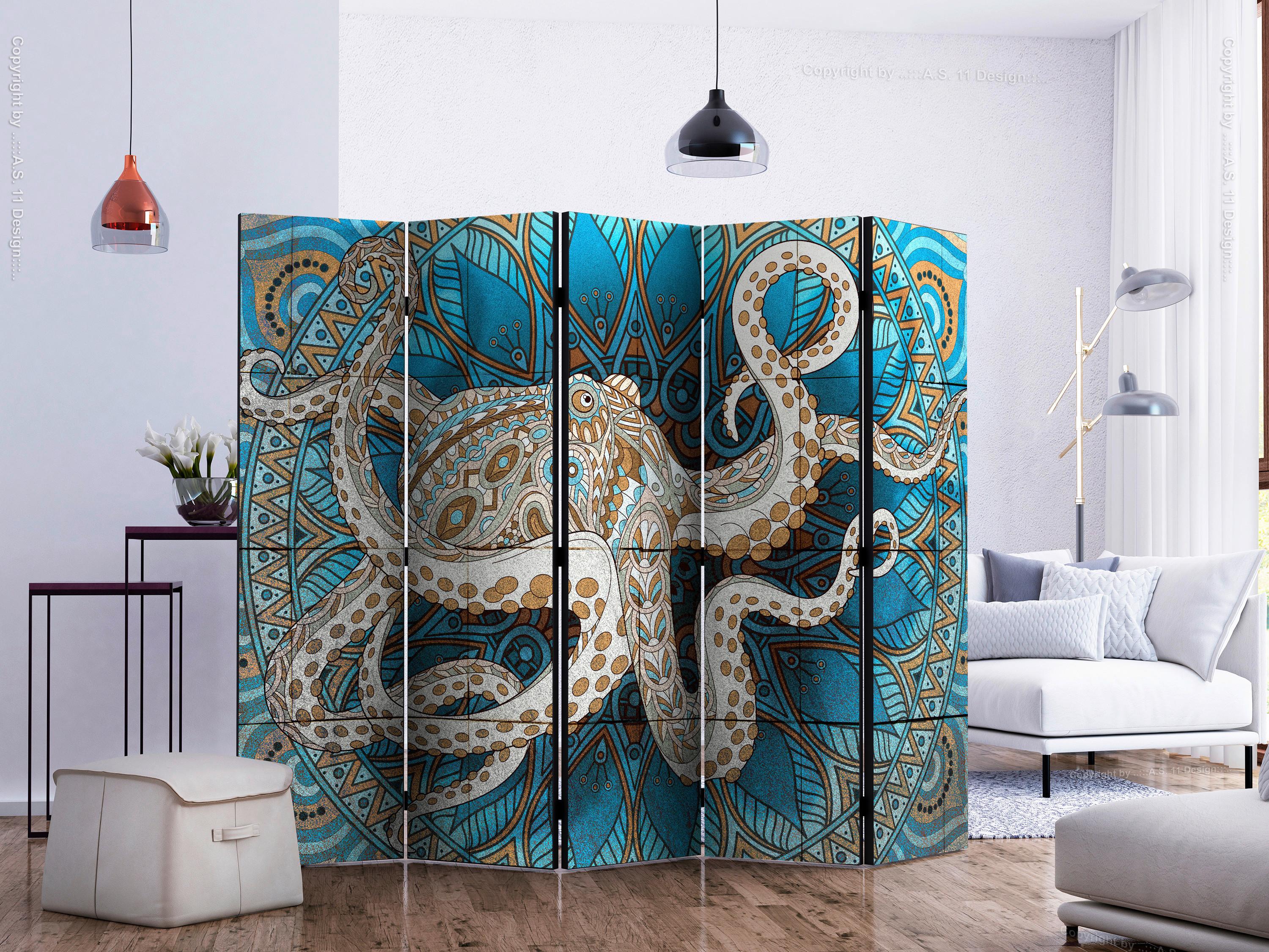 Paravent Blau Braun B: 225 Cm - Blau/Braun, MODERN, Holz/Textil (225/172/3cm) - artgeist