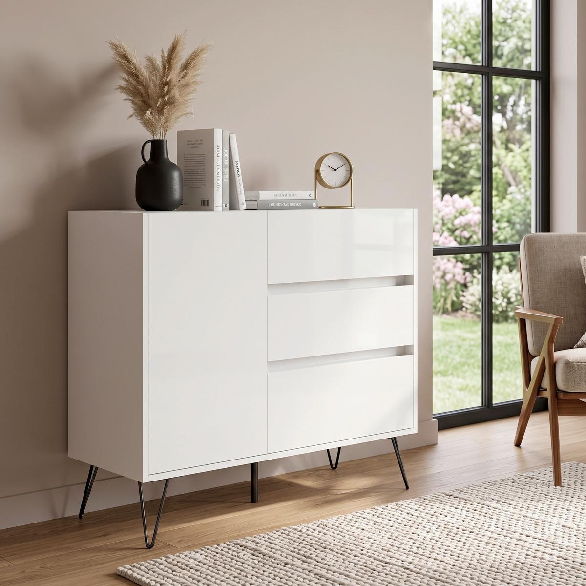 Sideboard Posseik Industrial Weiß B: 99 cm - Weiß Hochglanz/Schwarz, Design, Holzwerkstoff (99/93,6/42cm) - MID.YOU