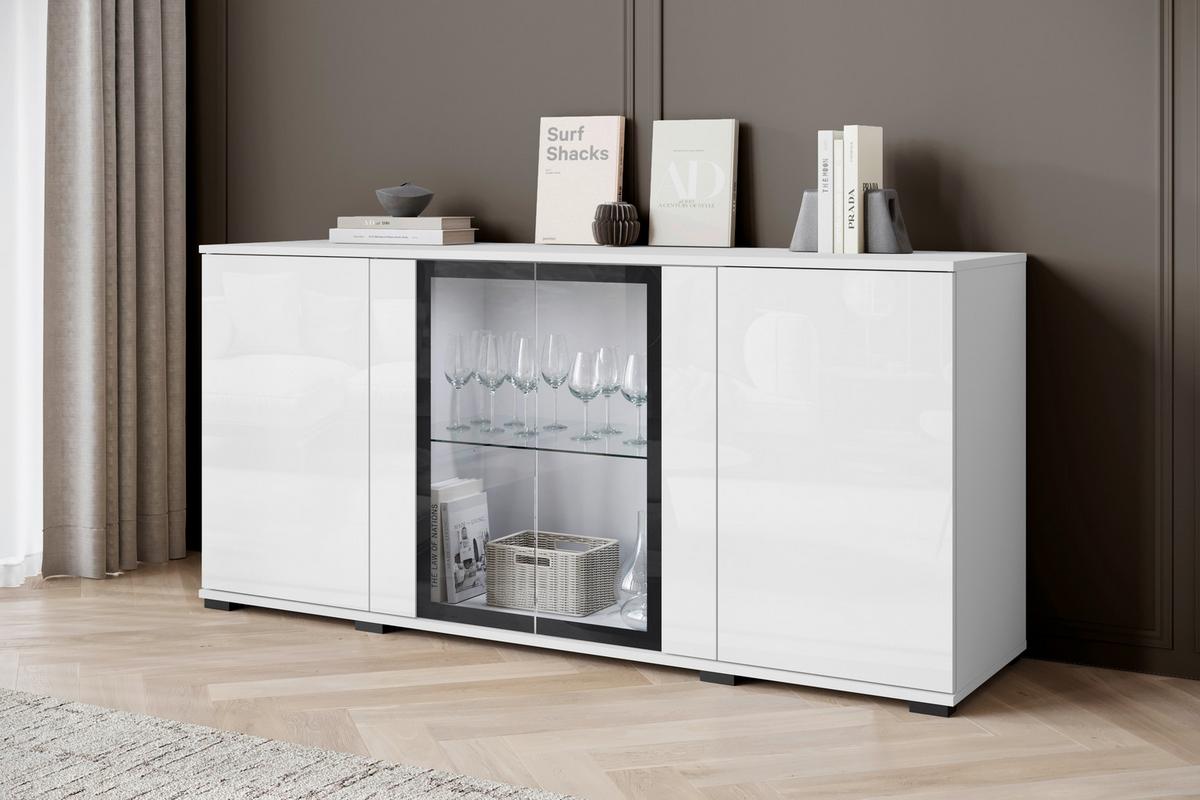 Kommode Caro Weiß B: 150 cm - Weiß Hochglanz/Schwarz, Design, Glas/Holzwerkstoff (150/69,7/39,5cm) - Livetastic