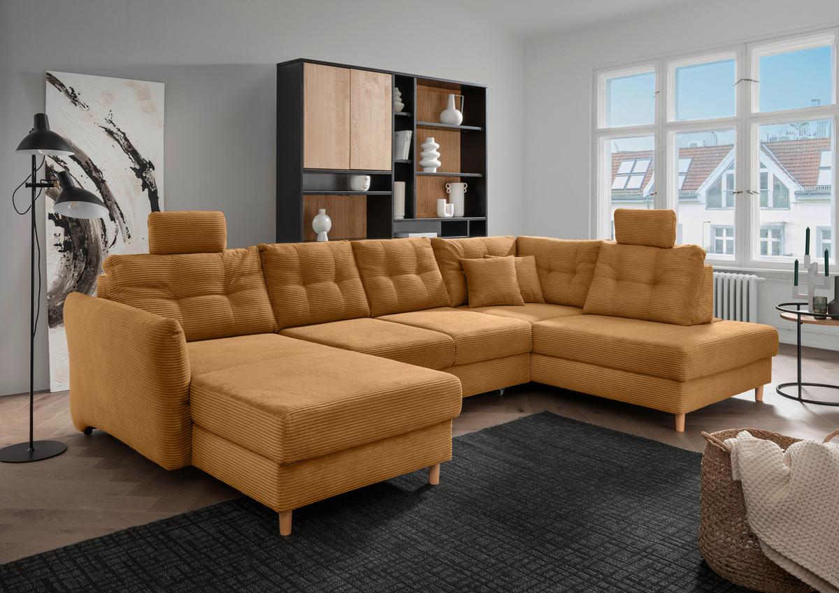 Wohnlandschaft Brizzini mit Schlaffunktion, Goldfarben - Goldfarben/Naturfarben, MODERN, Textil (176/338-352/206cm) - Livetastic