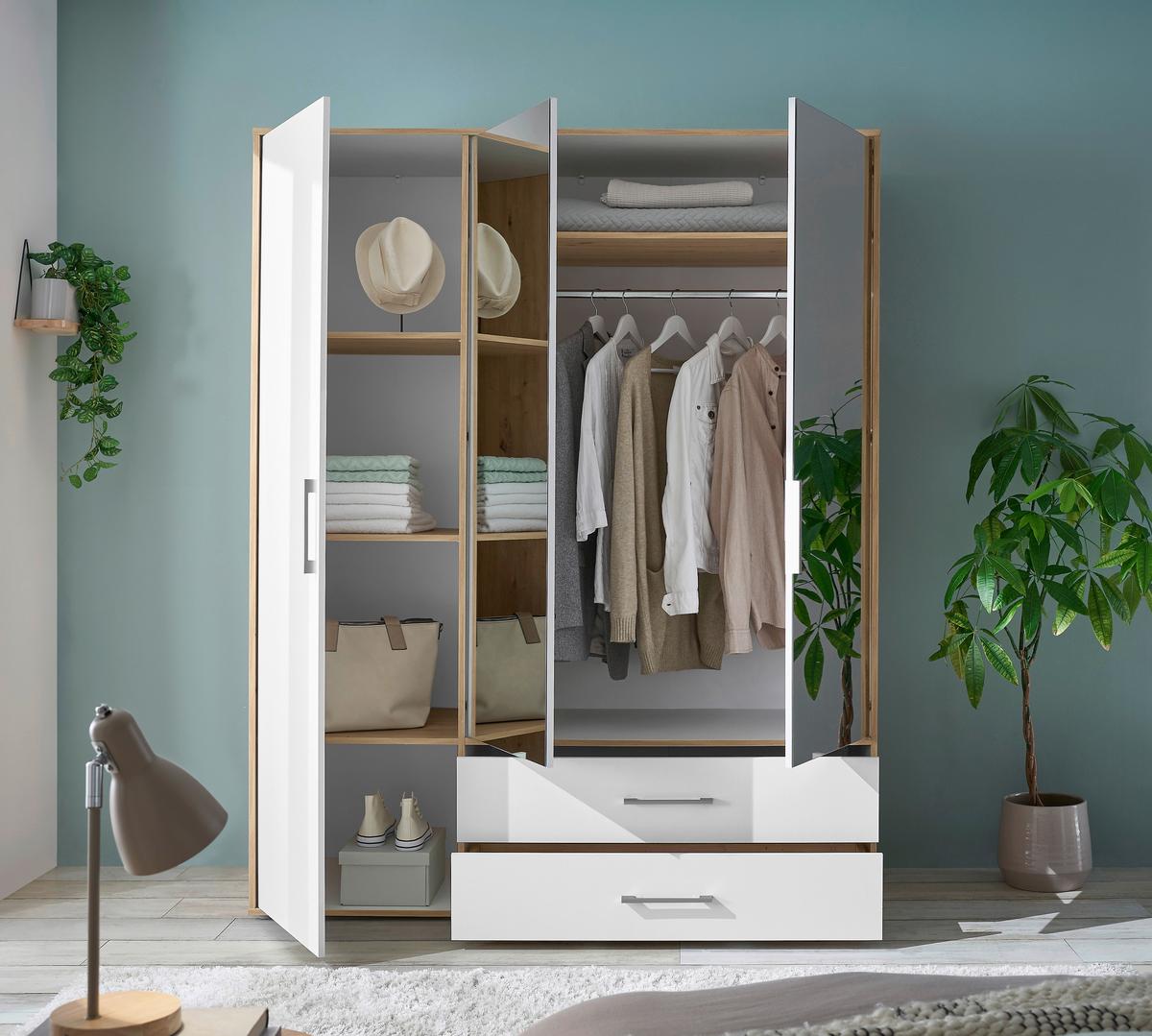 Kleiderschrank mit Spiegel 3trg Lembo Artisan Eiche/Weiß 155cm - Weiß/Eiche Artisan, Basics, Glas/Holzwerkstoff (155/195/60cm)