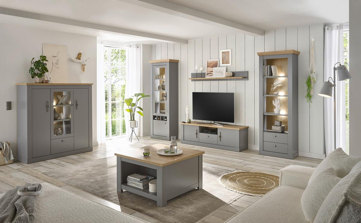 Wohnwand Chambord Hellgrau/Eichefarben B: 317cm - Eichefarben/Hellgrau, Design, Holzwerkstoff (317/201/44cm) - MID.YOU