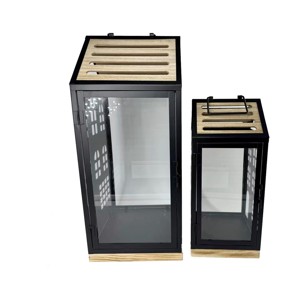 Laterne Hermine - Schwarz/Naturfarben, KONVENTIONELL, Glas/Holzwerkstoff (15cm) - Luca Bessoni