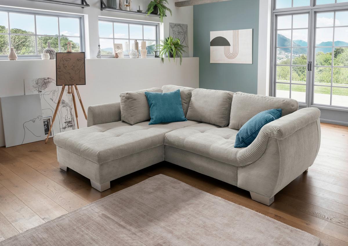 Ecksofa mit Schlaffunktion Flora Silberfarben Cord - Silberfarben/Petrol, Design, Textil (190/250cm) - MID.YOU