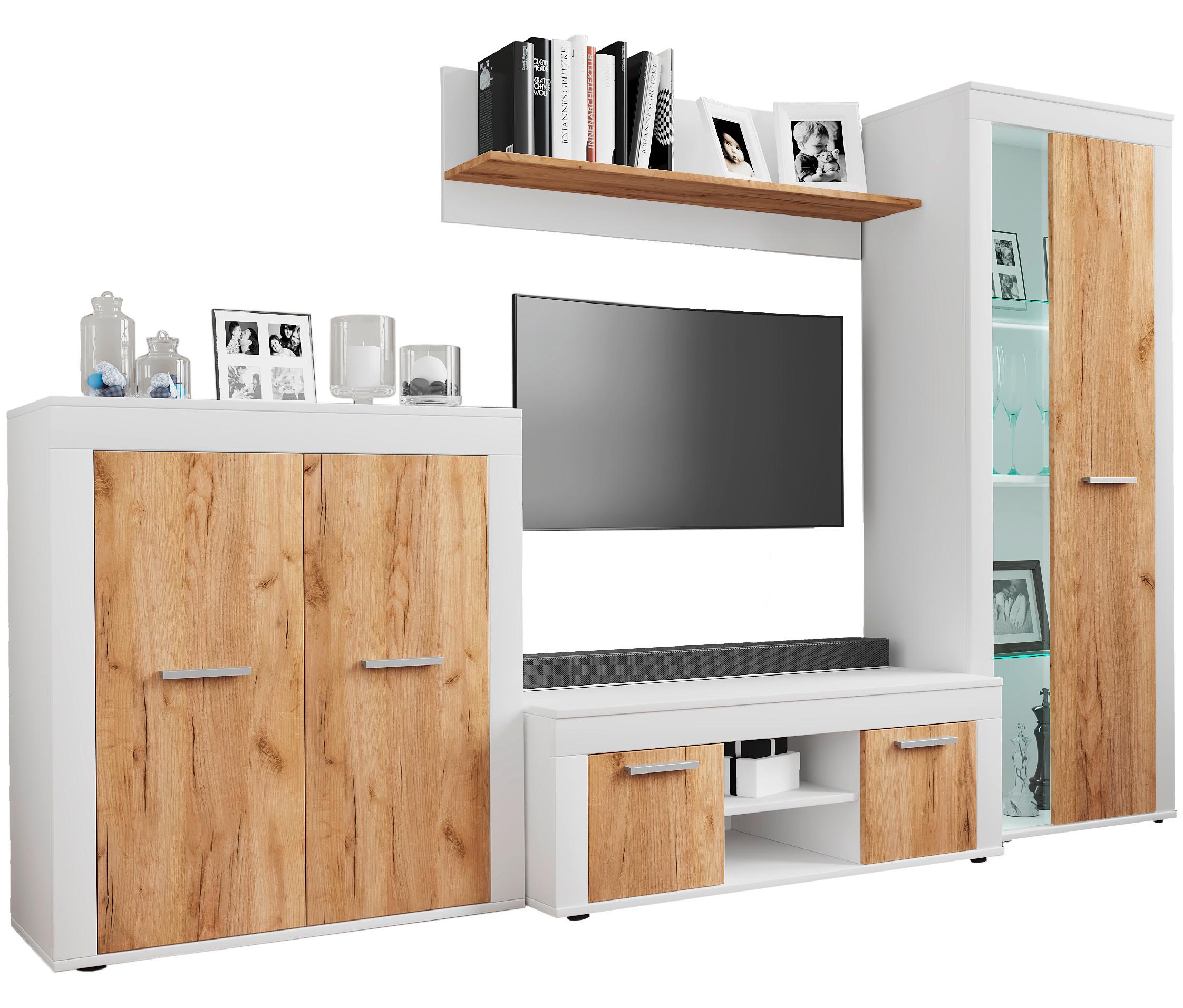 Wohnwand Usilo Weiß Honigeiche Dekor - Honigeiche/Schwarz, Design, Glas/Holzwerkstoff (242/159/37cm) - MID.YOU