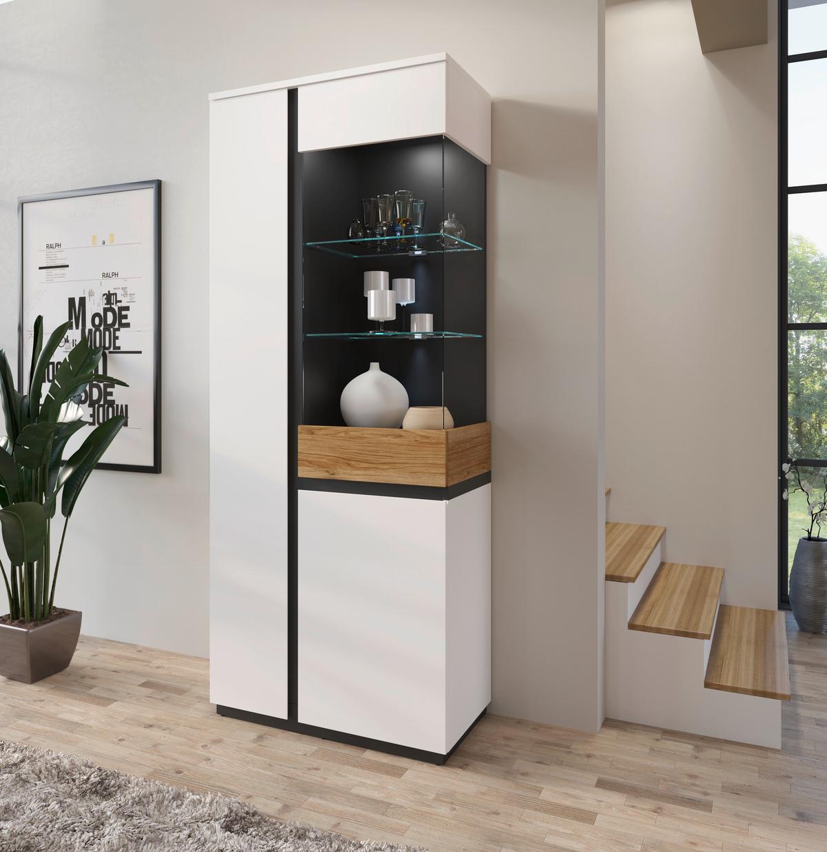 Vitrine Novena Alpinweiß B: 84 cm - Eichefarben/Schwarz, Trend, Glas/Holzwerkstoff (84/200/40cm)