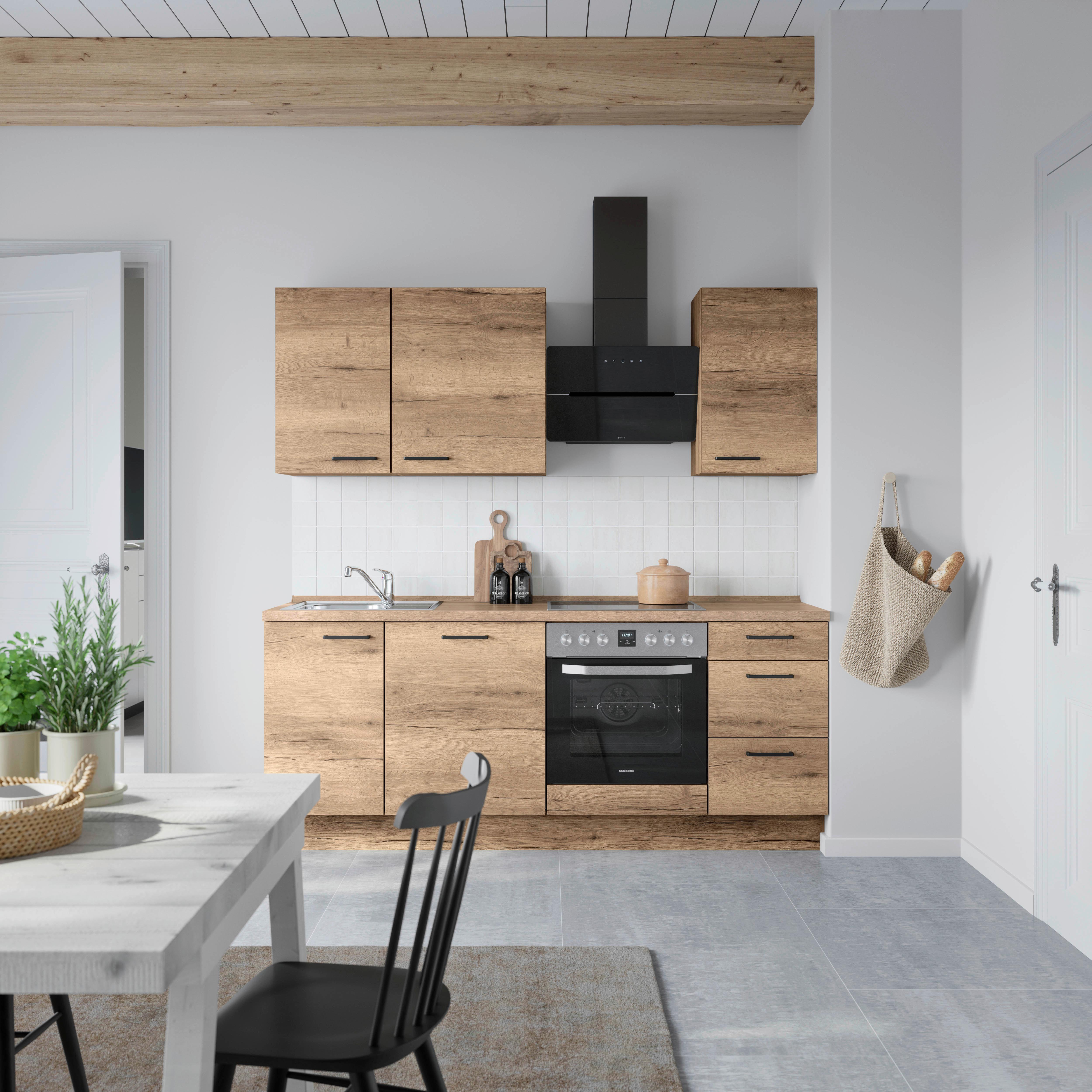 Kuchyňská linka 210 cm, dekor dub Havanna - černá/tmavý dub, Moderní, kov/kompozitní dřevo (210cm) - Nobilia