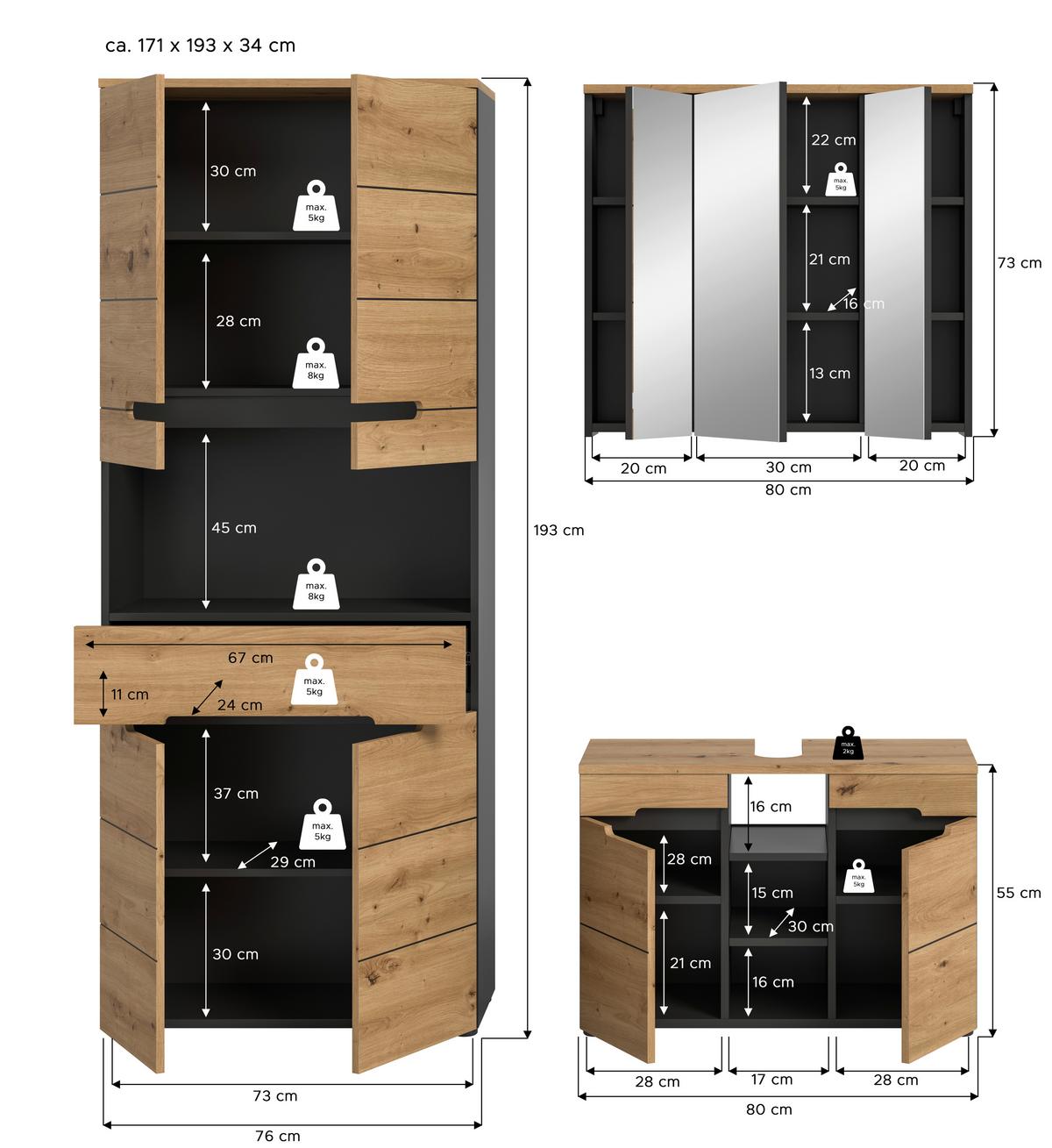 Badezimmer Canu Eiche Artisan Dekor B: 156 Cm - Schwarz/Eiche Artisan, MODERN, Glas/Holzwerkstoff (156cm) - MID.YOU