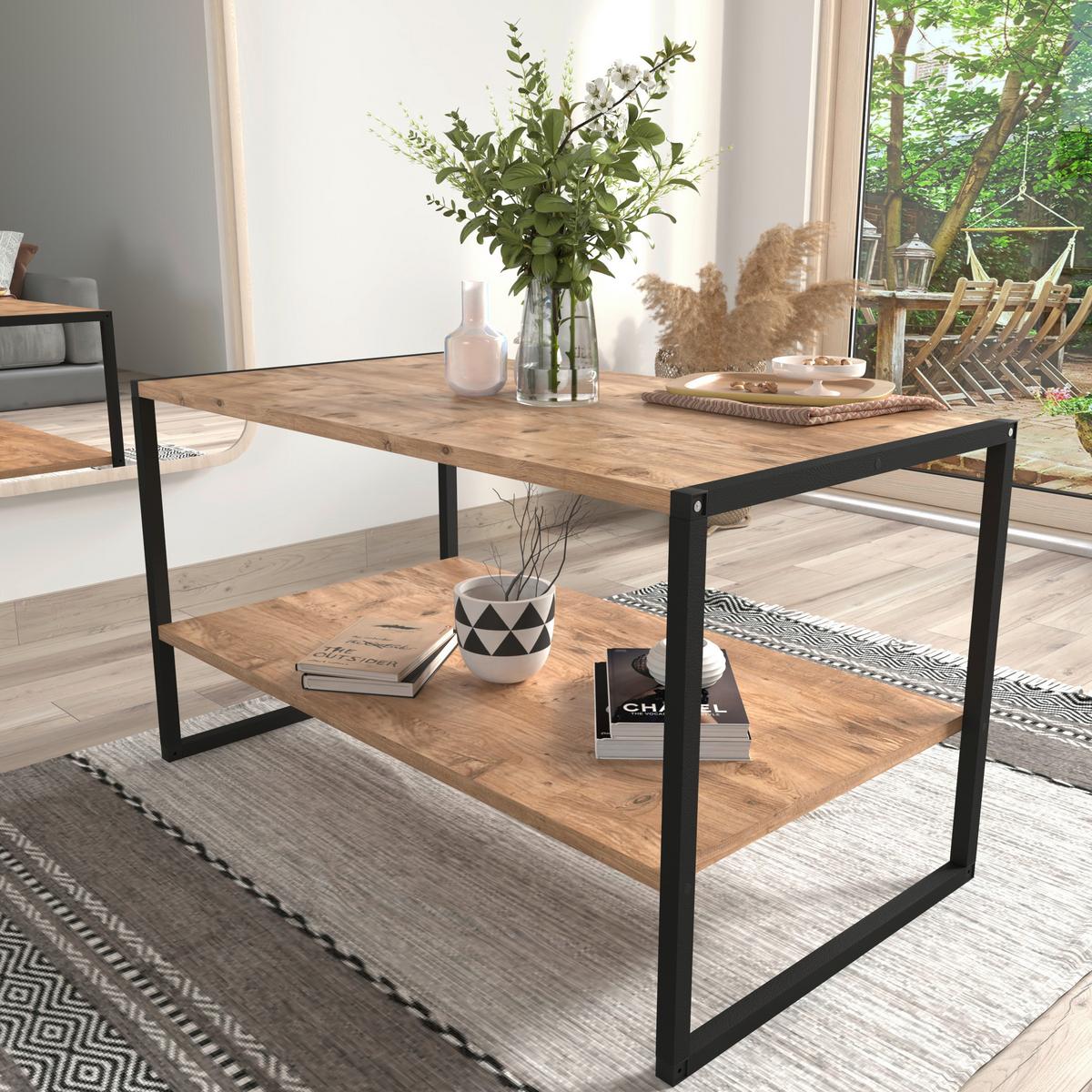 Couchtisch Insasi Honigeiche Dekor Schwarz - Honigeiche/Schwarz, Design, Holzwerkstoff/Metall (90/50/50cm) - MID.YOU