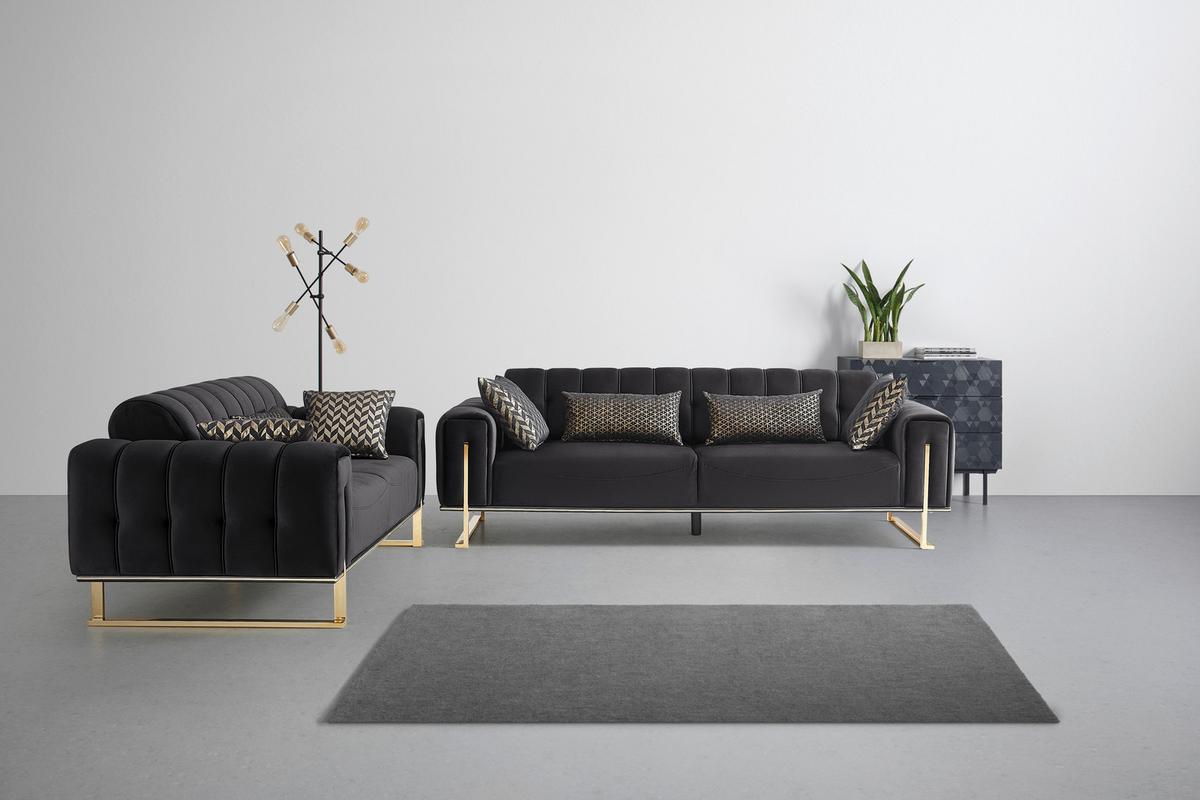 Trojmiestna pohovka AILE, čierny zamat, s vankúšmi - čierna/zlatá, Lifestyle, textil (244/80/90cm) - Mömax