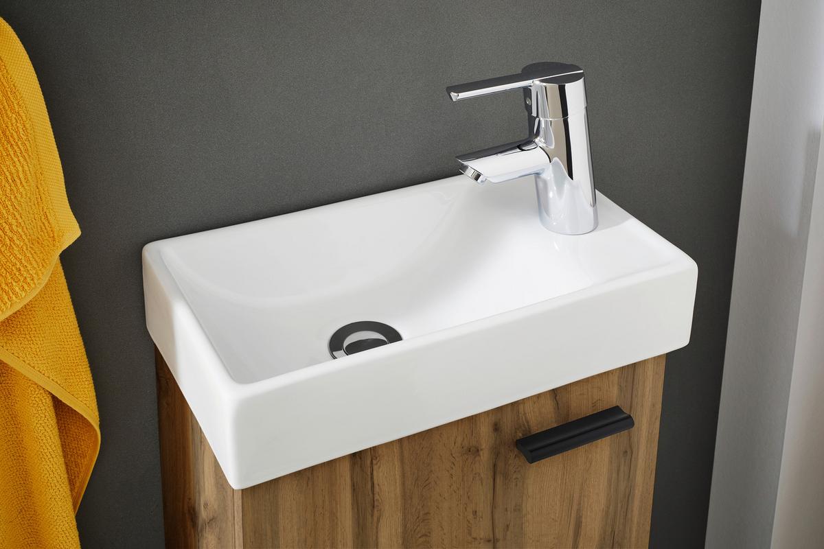 Hosťovská kúpeľňa AMY - divoký dub/biela, Modern, kompozitné drevo/sklo (41/165/23cm) - Mömax