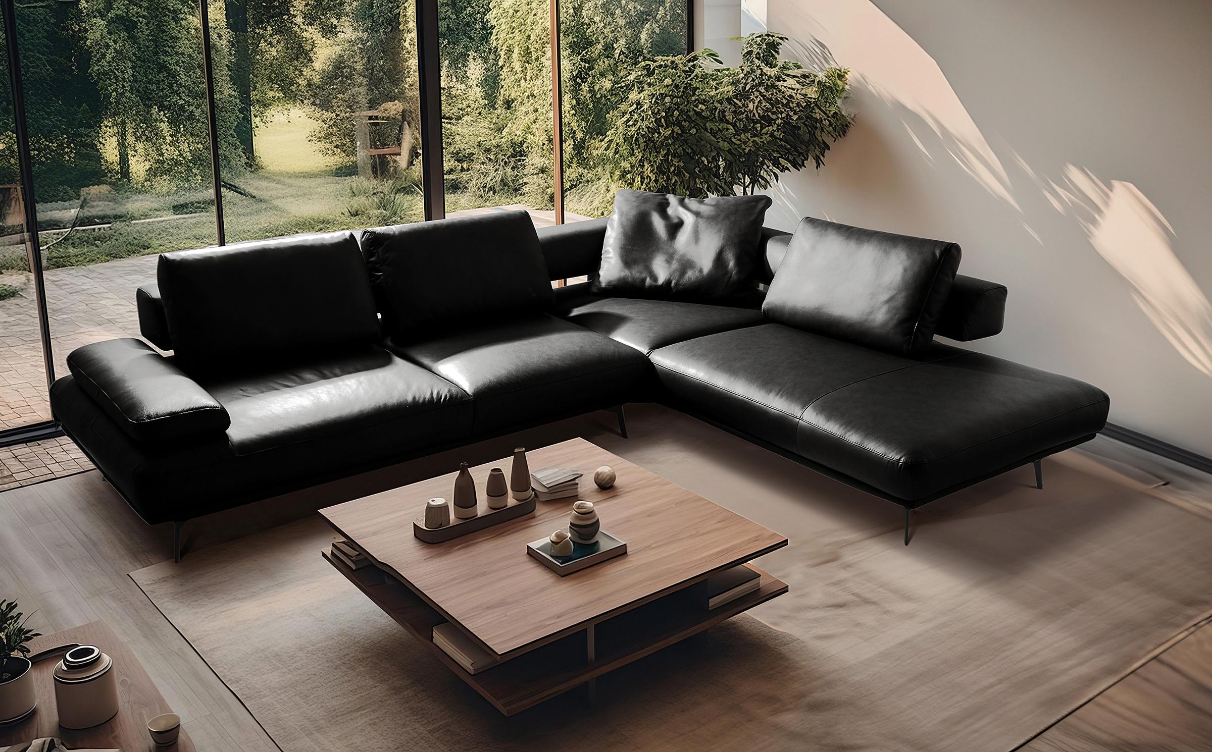 Ecksofa Como Echtleder Schwarz 306x237 - Schwarz/Grau, Design, Leder (306/237cm) - Livetastic